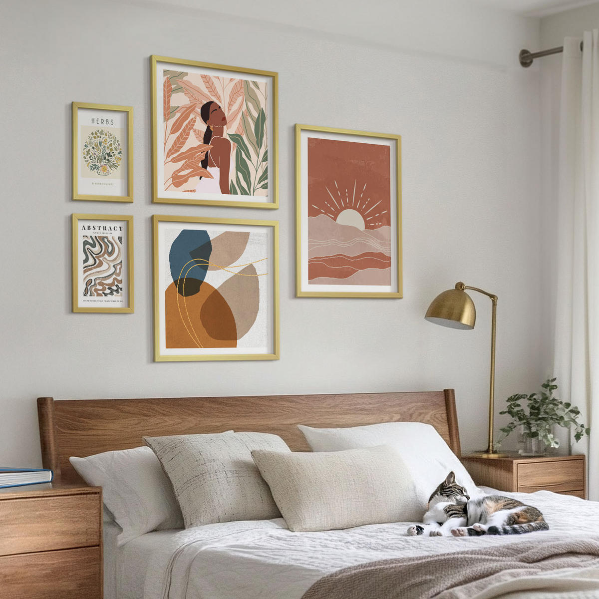 BILDER SET 5er Set - 50x50 cm & 20x30 cm & 40x60 cm Goldrahmen - Boho-Ästhetik, Pastellposter - Goldfarben, Kunststoff (40/60cm) - TULUP
