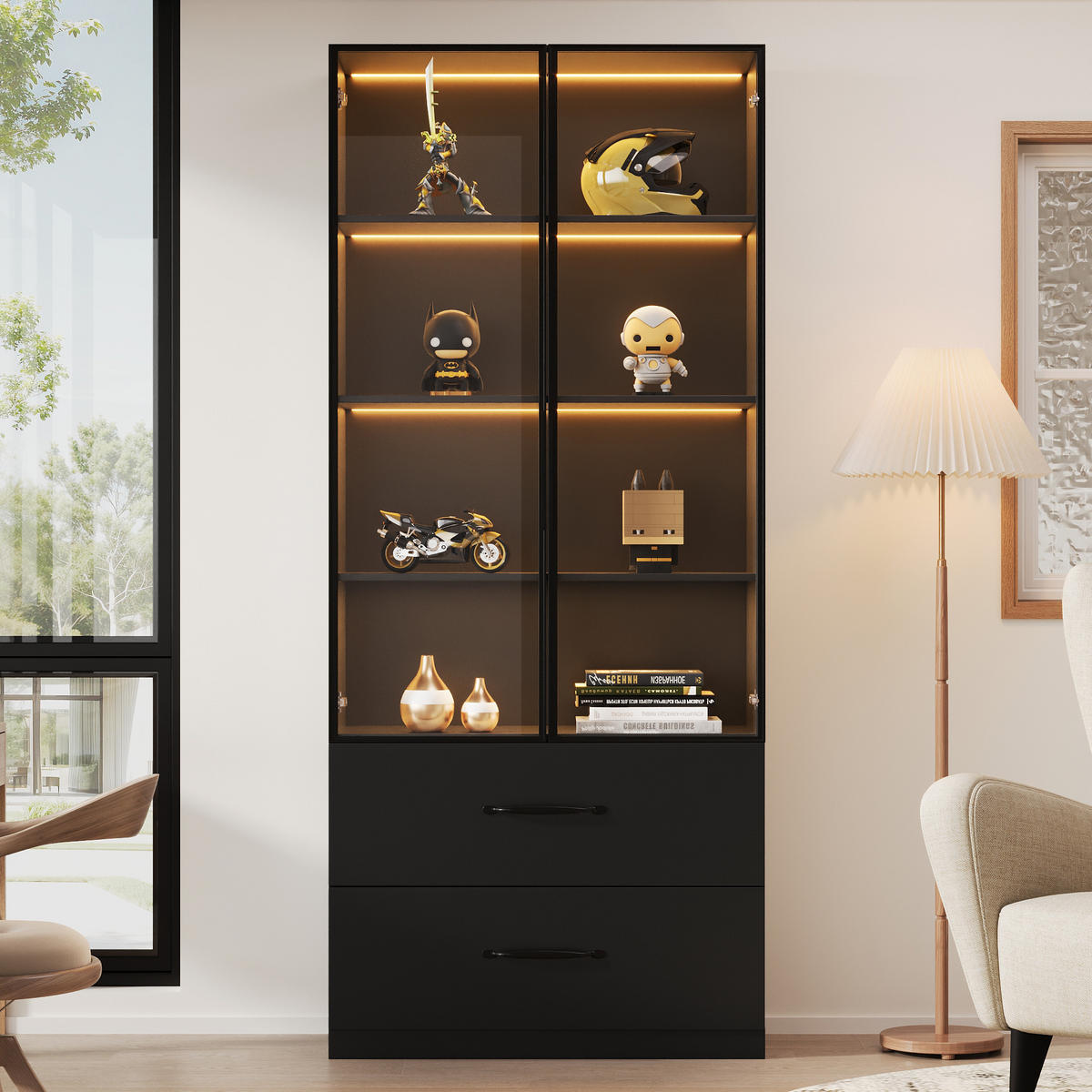 VITRINE 60cm Glas LED Aluminium 2 Türen Schubladen modern - Schwarz, Holzwerkstoff (60/160/40cm) - FLIEKS