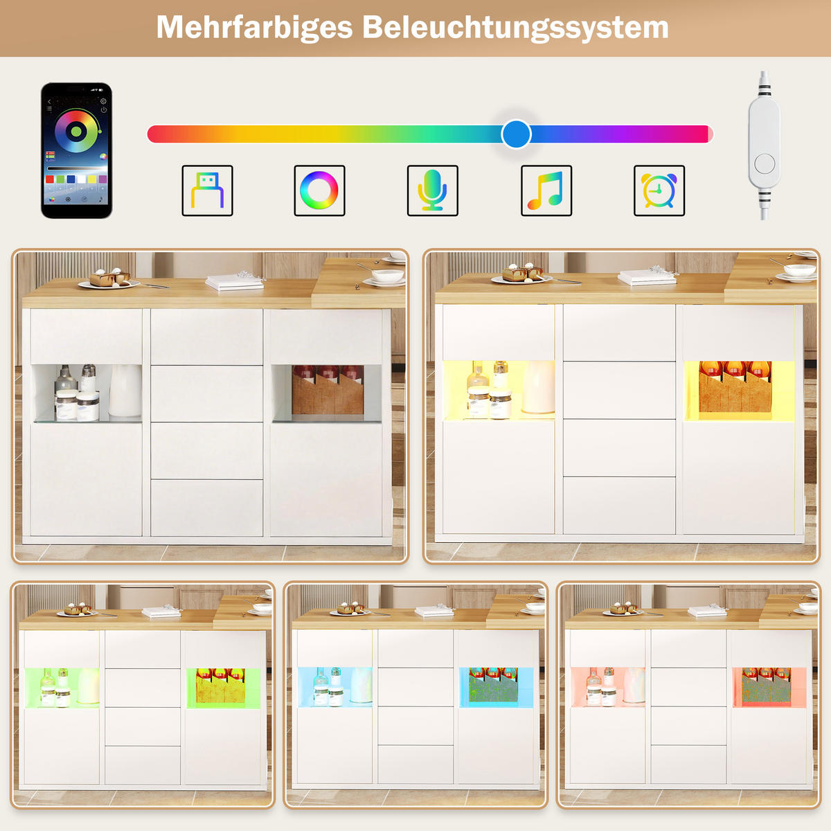 KÜCHENINSEL 360° Drehbar RGB LED App Schubladen Weiß Schwarz - Weiß, Metall (120/73.8/40cm) - FLIEKS