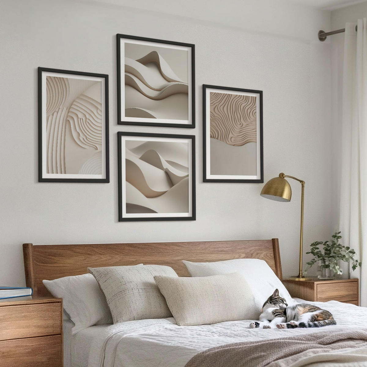 BILDER SET 4er Set - 50x50 cm & 40x60 cm Schwarzer Rahmen - Abstrakte Wellen auf dem Sand - Schwarz, Kunststoff (50/50cm) - TULUP