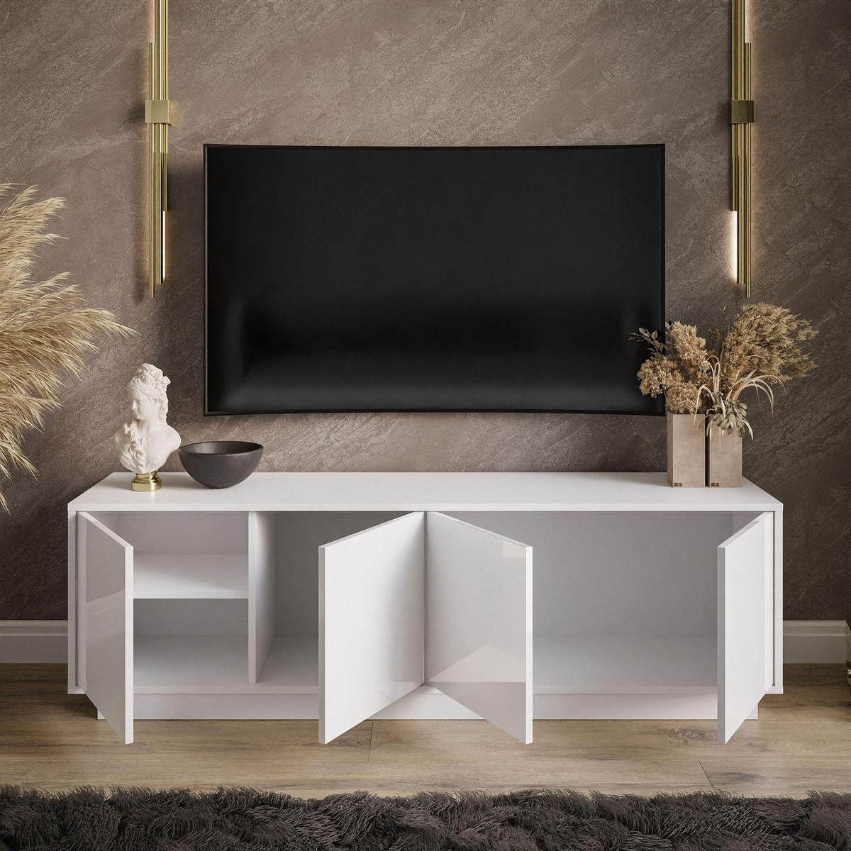 TV-ELEMENT SANAYI auf Sockel Hochglanz Weiß - Weiß, Holzwerkstoff (156/47/38cm) - Lookway