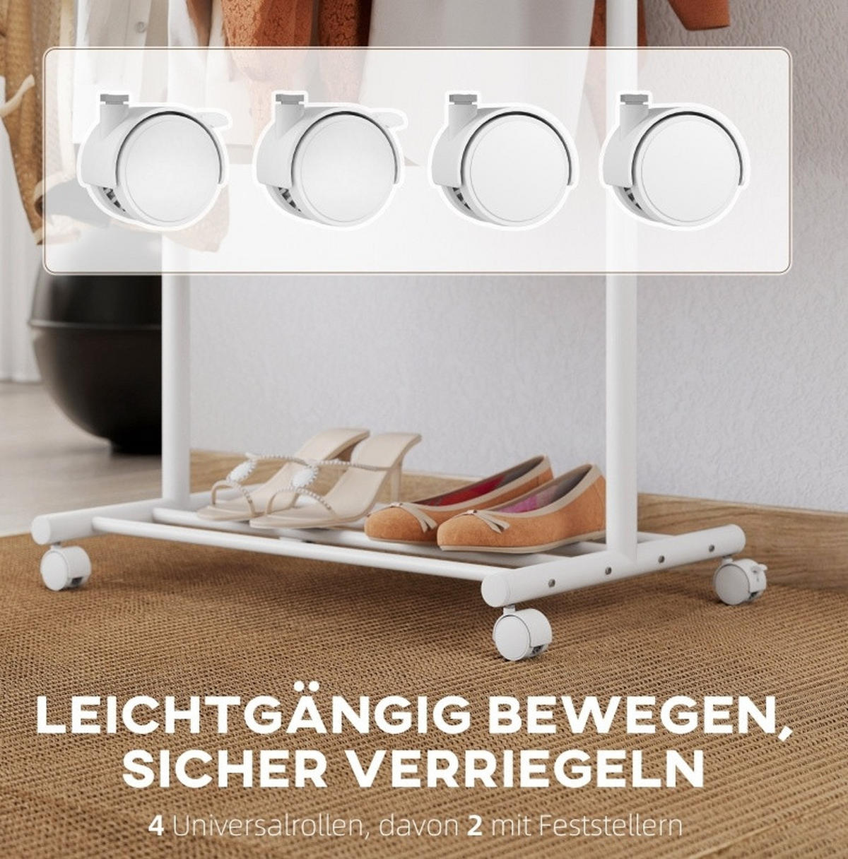 GARDEROBENSTÄNDER mit Rollen und Schuhregal 68 x 43 x 171 cm Metall Weiß - Weiß, Metall (43/171/68cm) - Beauniv