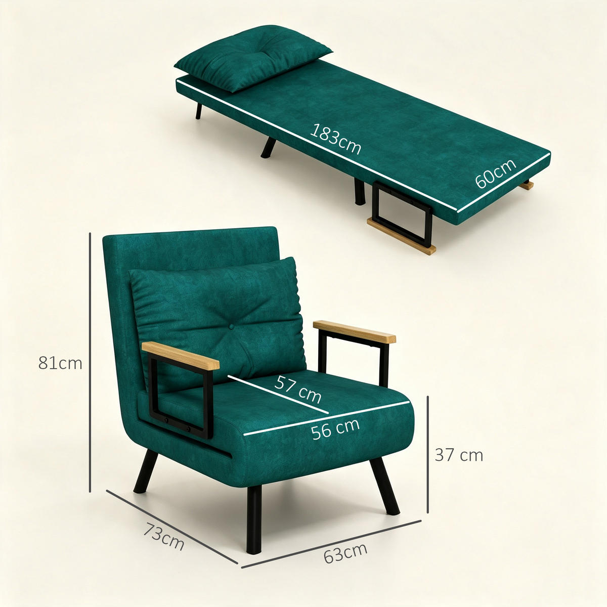 SCHLAFSESSEL, Einzelsofa mit Bettfunktion, Relaxsessel mit Rückenkissen Grün - Schwarz/Naturfarben, Holz/Textil (73/81/63cm) - HOMCOM
