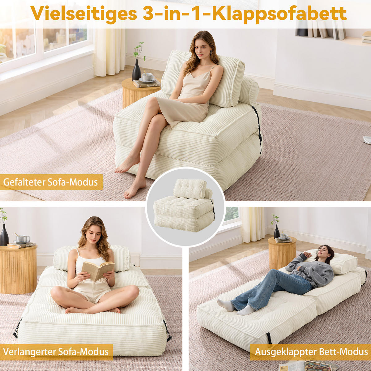 SCHLAFSESSEL 2-in-1 aus weichem Cord, klappbar als Loungesessel und Gästebett - Beige, Kunststoff (85/85/85cm) - Urban Meuble