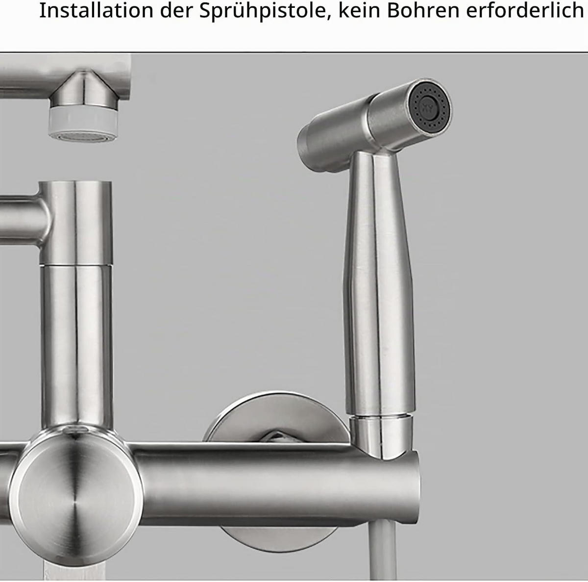 KÜCHENARMATUR wandmontiert mit Handbrause, 2 Auslaufmodi, 304 Edelstahl, gebürstetes Nickel - Silberfarben, Metall (22/11/31cm) - TVTIUO