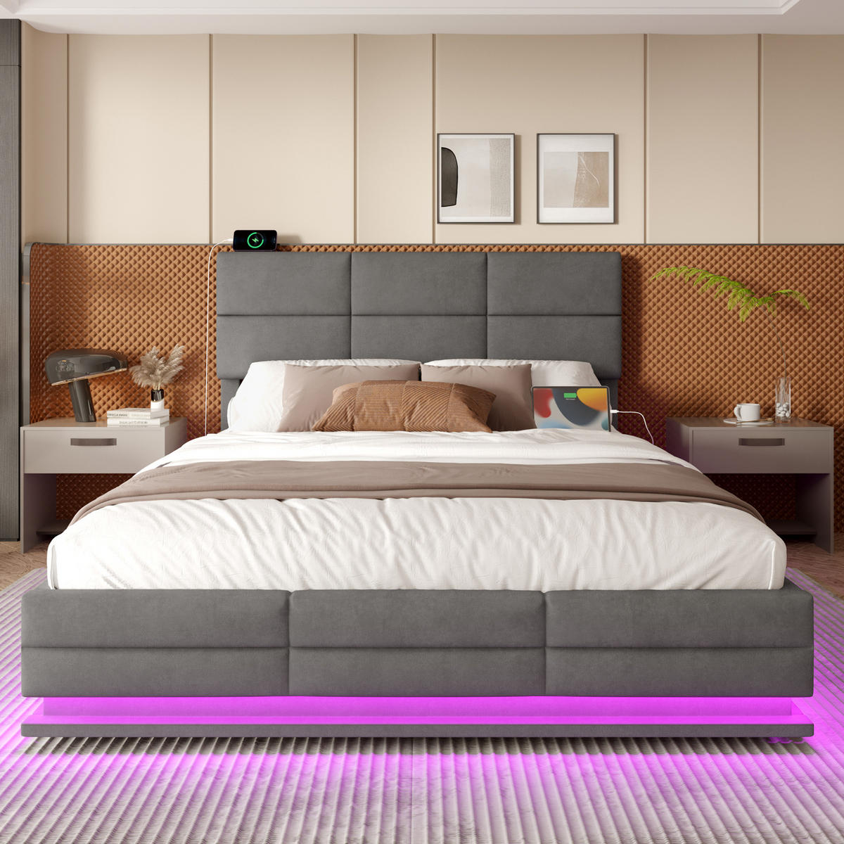 BETT mit Stauraum 160x200 cm Samt Grau mit LED und USB - Dunkelgrau, Metall (160/200cm) - Meubliv