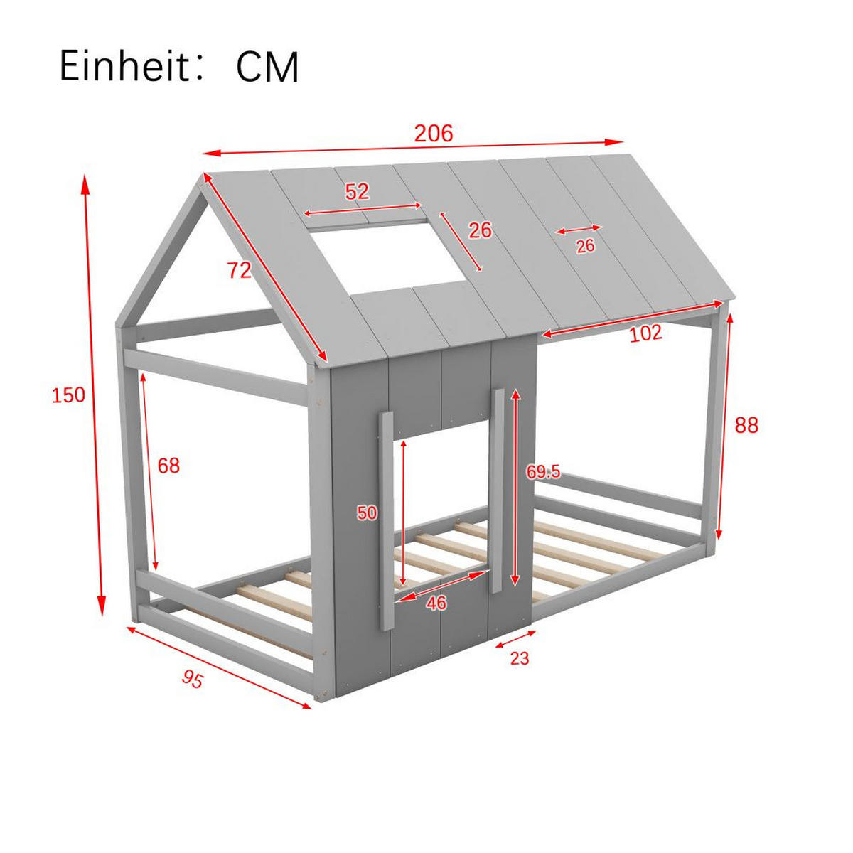 HAUSBETT 90/200 cm in Dunkelgrau und Hellgrau mit Fenster - Grau, Holz (90/200cm) - KOMHTOM