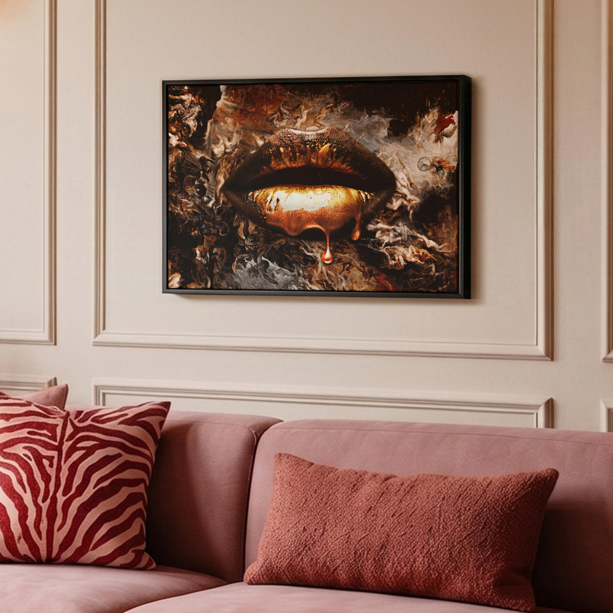 LEINWAND Bilder mit Rahmen - Gold - Lippen - Kunst - Gold - Luxus - Abstrakt - 60x40 - Kupferfarben, Textil (60/40cm) - MuchoWow
