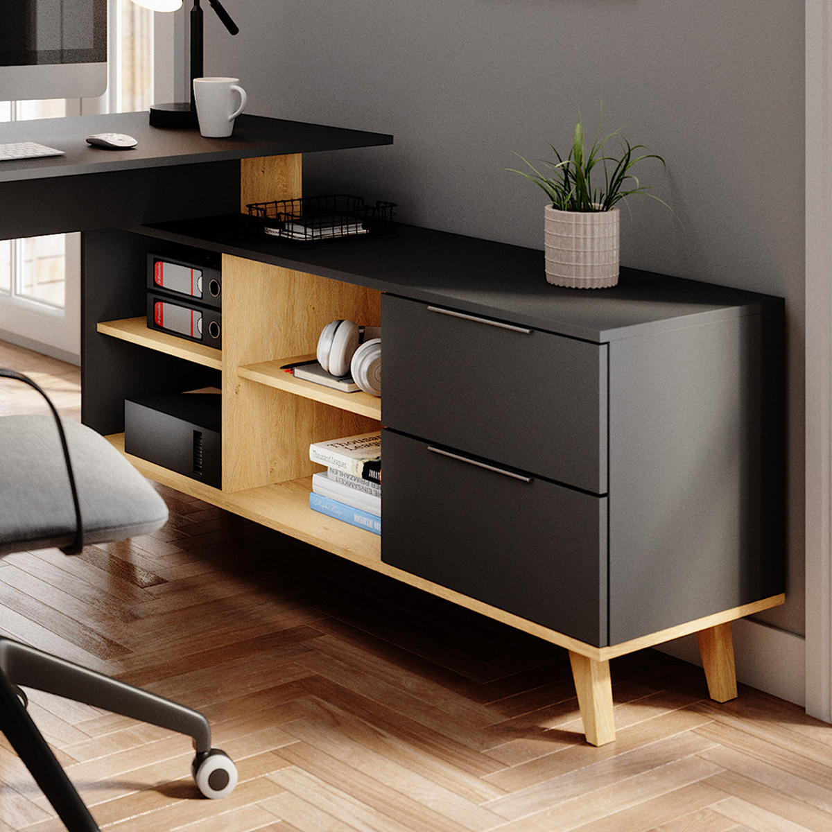 SCHREIBTISCH Nautica Anthrazit 138 x 60 cm mit Schubladen, XXL - Anthrazit/Buchefarben, Holzwerkstoff (60/138/77cm) - Vicco