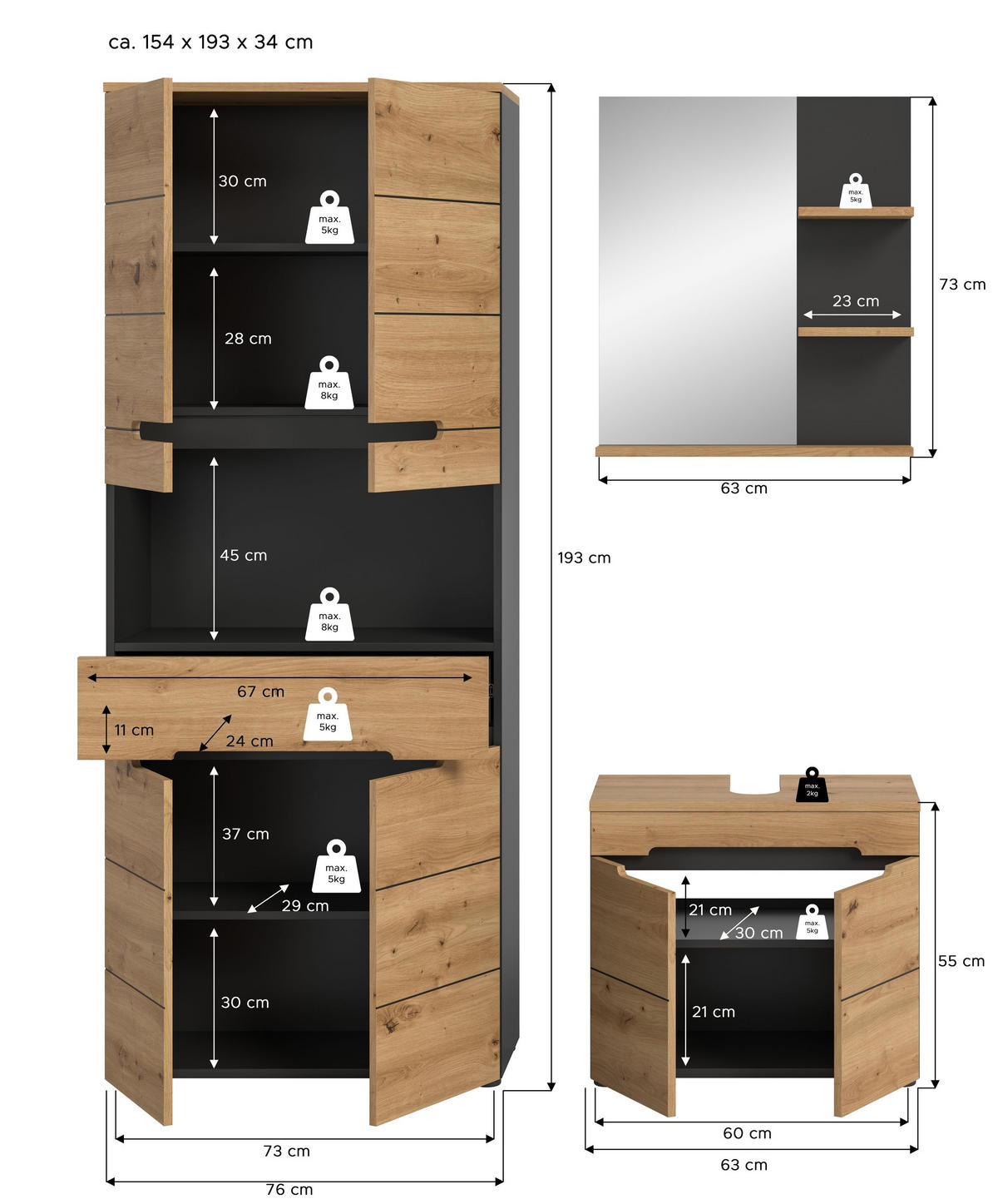 BADMÖBEL Set Canu 3tlg. Bad Kombination (B/H/T: 154x193x34cm) - Eiche Artisan, Holzwerkstoff (154/193/34cm)