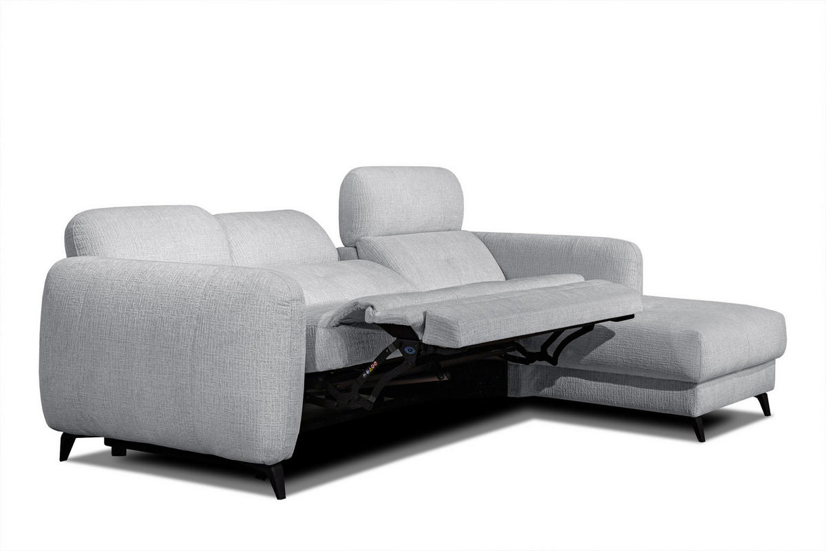 ECKSOFA SVEN 3-Sitzer, 1 Relax XL, verstellbare Kopfstützen, hellgrau - Hellgrau/Schwarz, Holzwerkstoff/Textil (256/163cm) - Courtois Laville