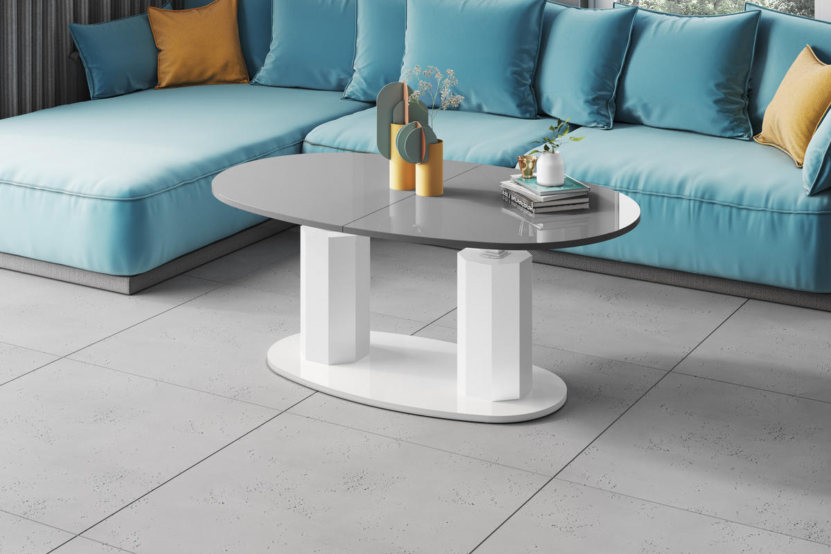 COUCHTISCH Grau Weiß Hochglanz oval ausziehbar höhenverstellbar - Weiß Hochglanz/Grau, Holzwerkstoff (80/130/54cm) - designimpex