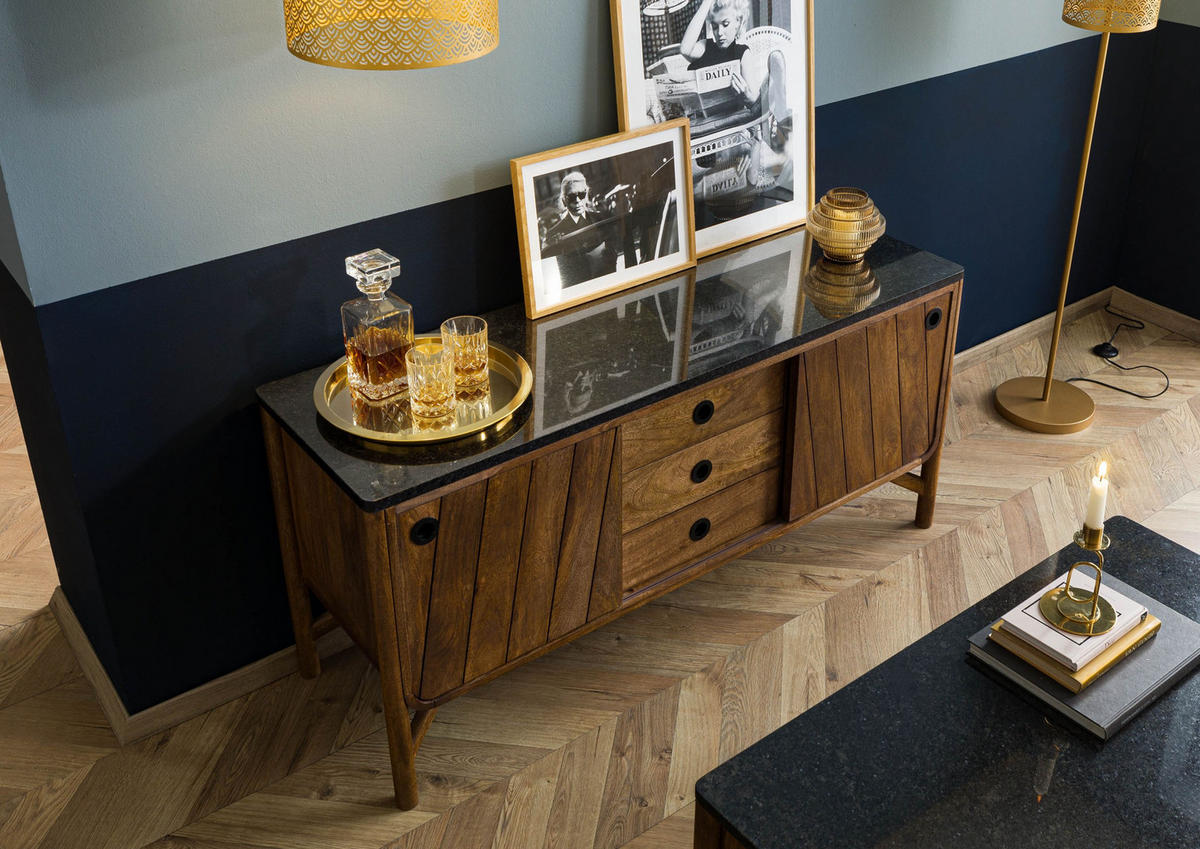 SIDEBOARD Mango 140x45x65 braun geölt / dunkler Granit LOS ANGELES #108 - Braun, Holz (140/65/45cm) - Massivmoebel24