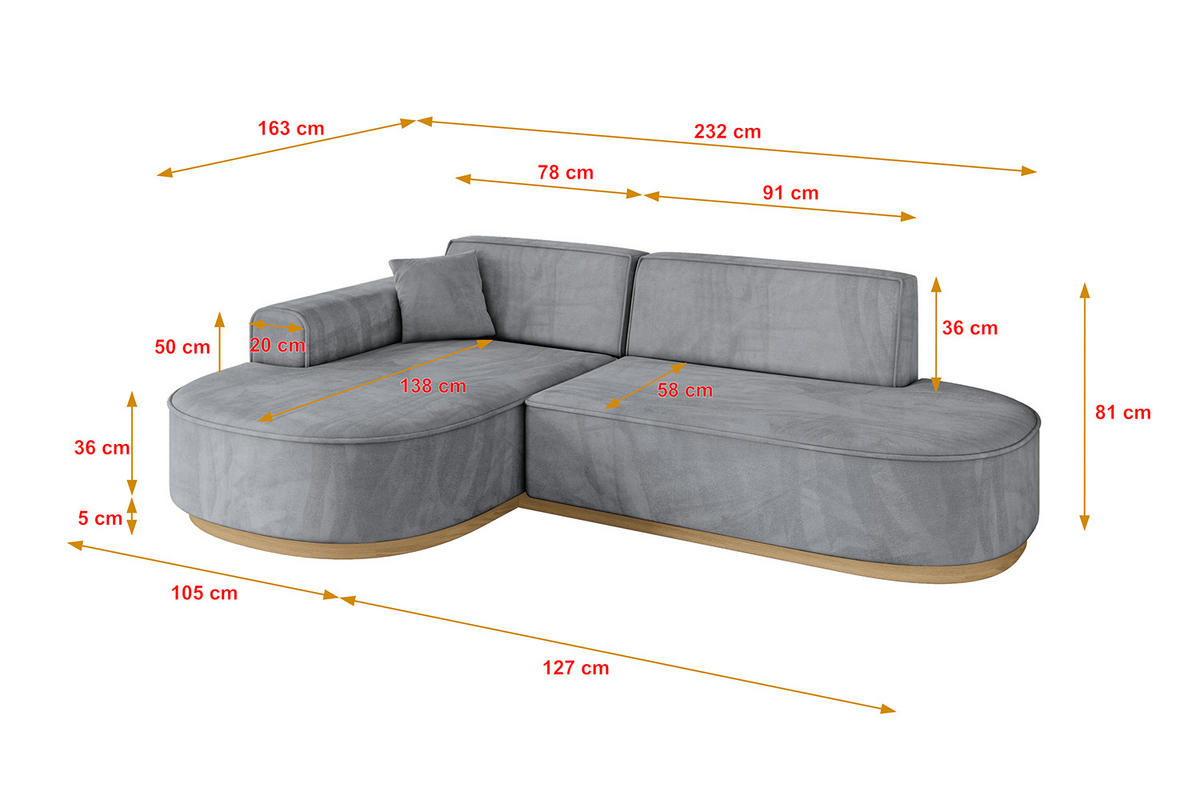 ECKSOFA Ottomane Links MARI-L1-v2 - 243x171x83 cm Grau Velours - Grau, Holzwerkstoff/Textil (243/171cm) - ALTDECOR