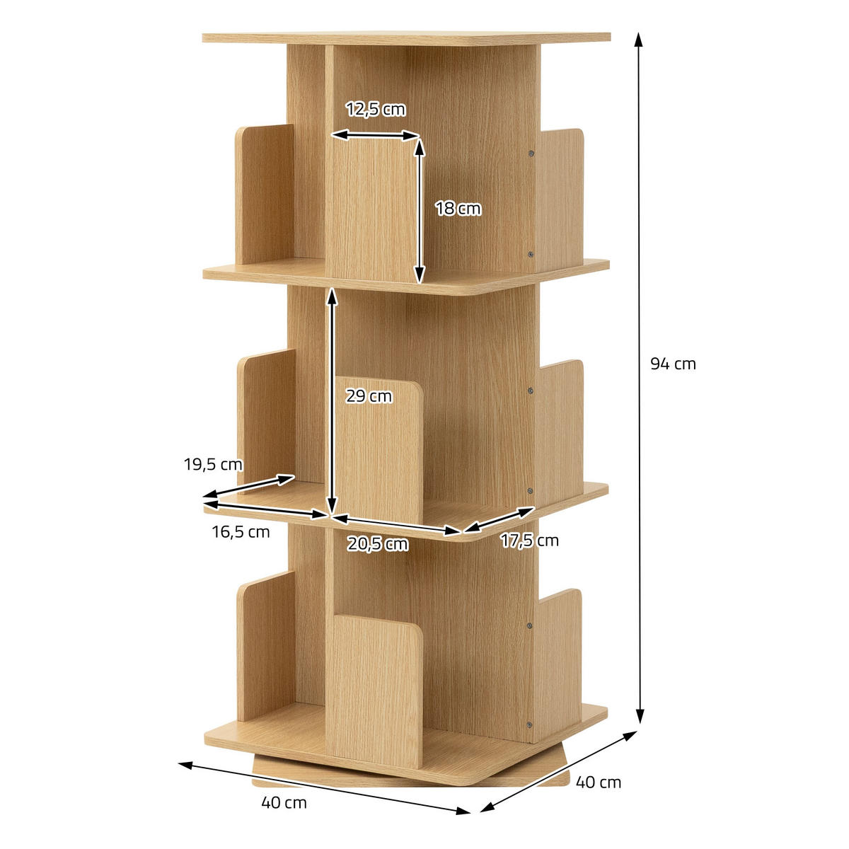 BÜCHERREGAL Kinder mit 3 Ebenen Eiche 40x94x40 cm Drehbar 360 Grad - Beige, Holzwerkstoff (40/94/40cm) - ML-DESIGN