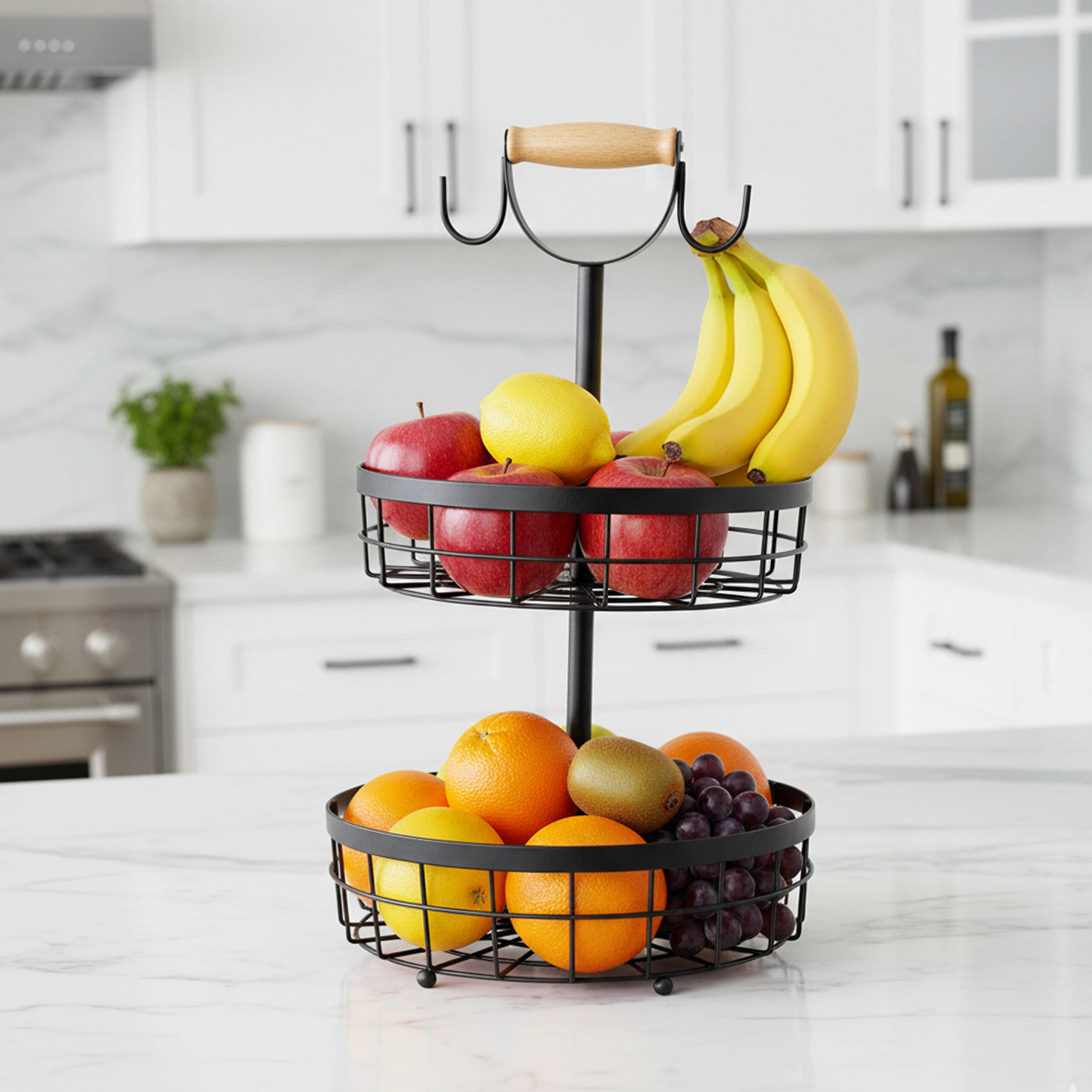 OBSTKORB-ETAGERE - Schwarz, Holz/Metall (28.5/53cm) - Relaxdays