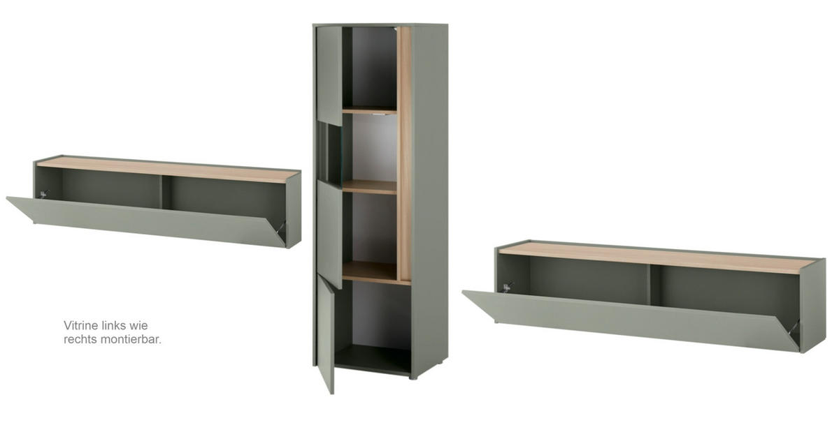 WOHNWAND 3-teilig in Salbei grün, Barista Eiche 350, Komplett-Set mit viel Stauraum - Salbeigrün/Eichefarben, Glas/Holzwerkstoff (350/155/40cm) - Furn.Design