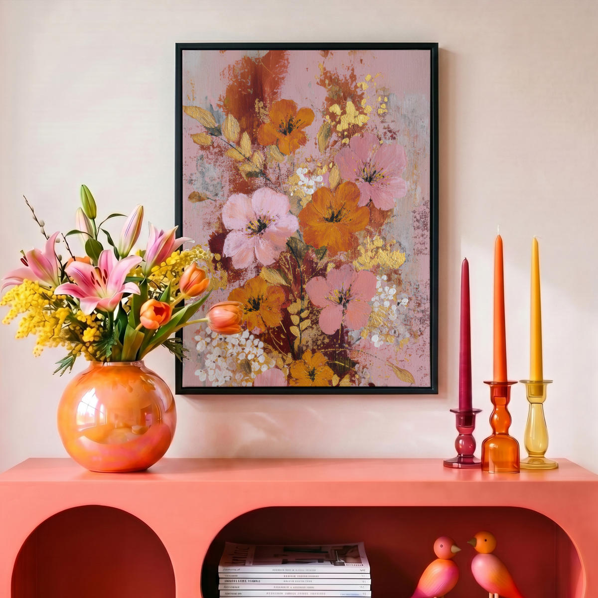 LEINWAND Bilder mit Rahmen - Malerei - Blumen - Rustikal - Rosa - 30x40 - Altrosa, Textil (30/40cm) - MuchoWow