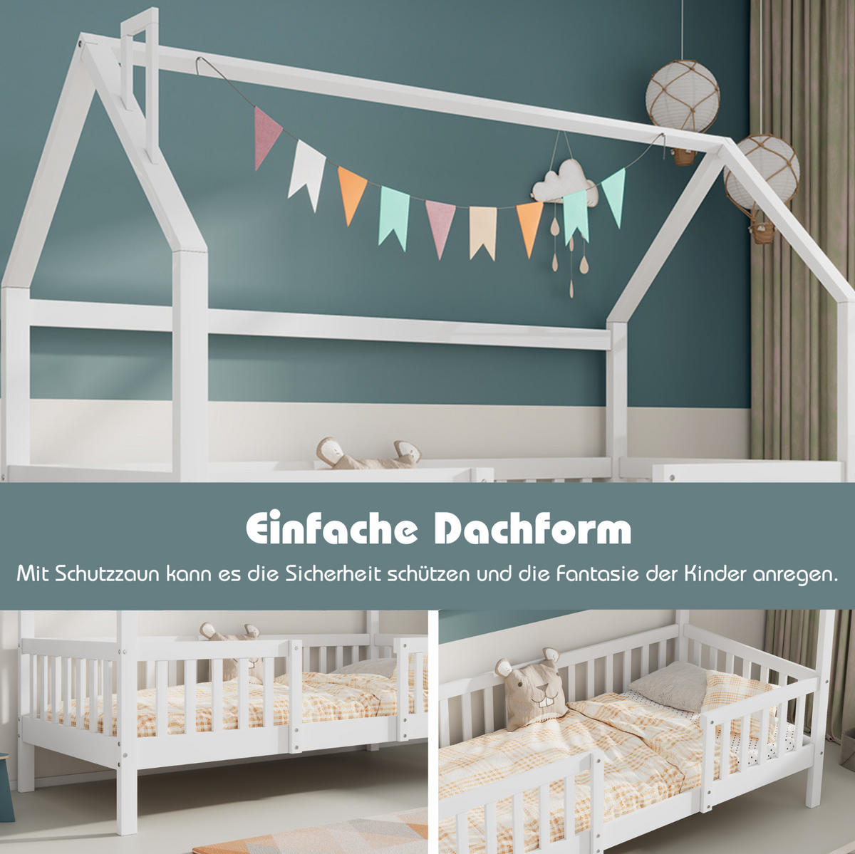 KINDEREINZELBETTEN aus Kiefernholz 90x200 cm in Weiß mit Dach & Zaun - Weiß, Holz (90/200cm) - Modfu
