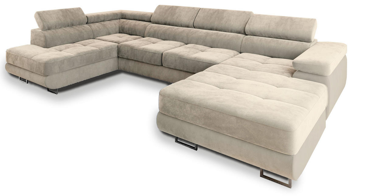 WOHNLANDSCHAFT CASONE L-S Creme Velours-Stoff mit Schlaffunktion - Creme, Holz (345/90/202cm) - MASSENO