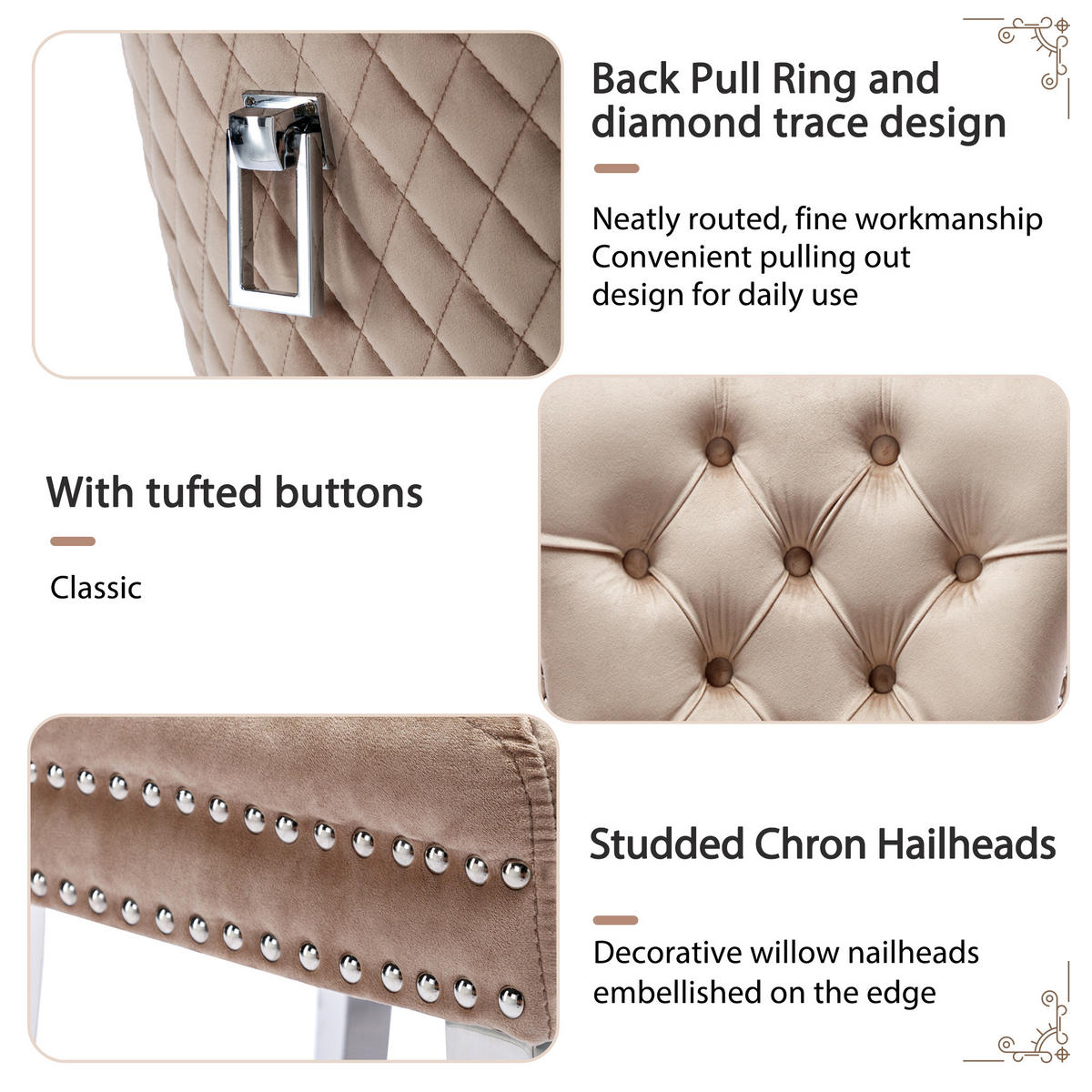 ESSZIMMERSTUHL 2er-Set mit Samtpolsterung, Massivholz-Metall-Gestell und Pin-Kopf Dekoration im modernen Design, beige - Beige, Textil (62.5/94.5/53cm) - Luhomfu