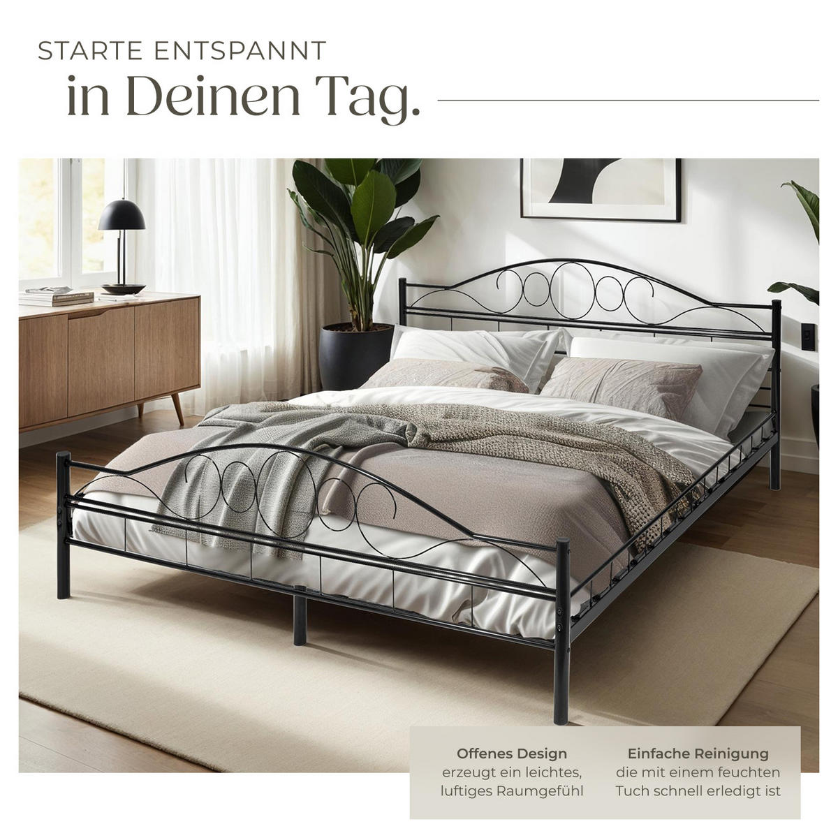 METALLBETT Sonno,140 x 200 cm,schwarz/schwarz - Schwarz, Metall - tectake