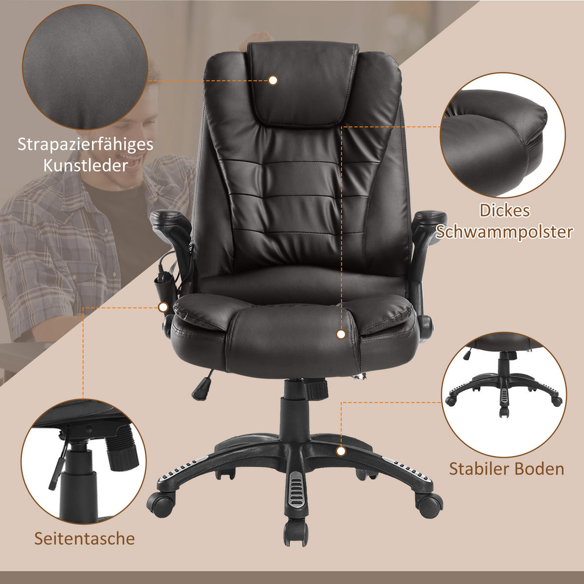 MASSAGESESSEL Bürostuhl Drehstuhl mit Wärmefunktion Chefsessel Bürosessel - Schwarz/Braun, Kunststoff (68/121/62cm) - HOMCOM