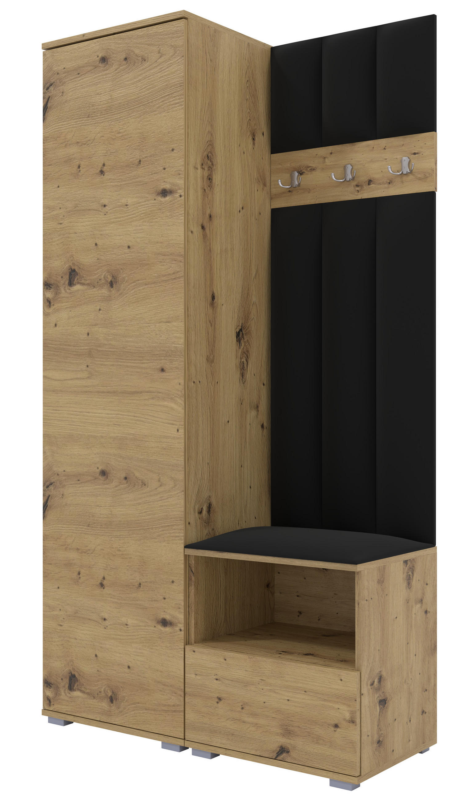GEPOLSTERT Garderoben-Set Nela I LUX (Eiche Artisan + Stoff Trinity 16) - Silberfarben/Schwarz, Holz/Holzwerkstoff (100/187/40cm) - Ravio