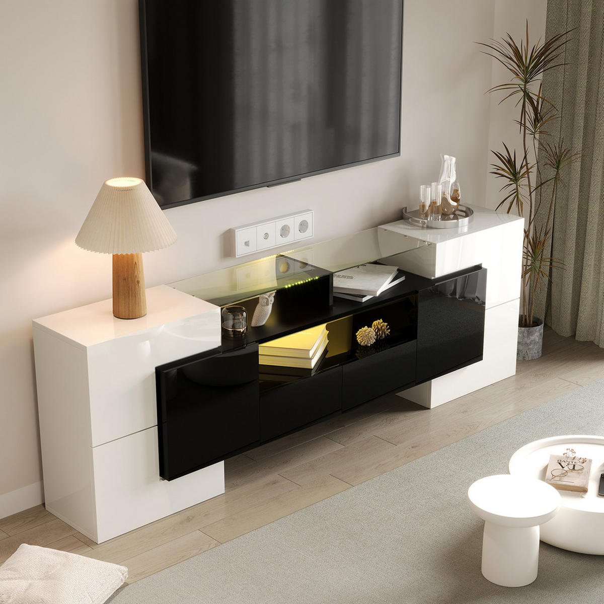 TV-SCHRANK 200cm Modern Hochglanz Weiß-Schwarz LED-Beleuchtung Glas - Weiß, Holz (40/35/63cm) - FLIEKS