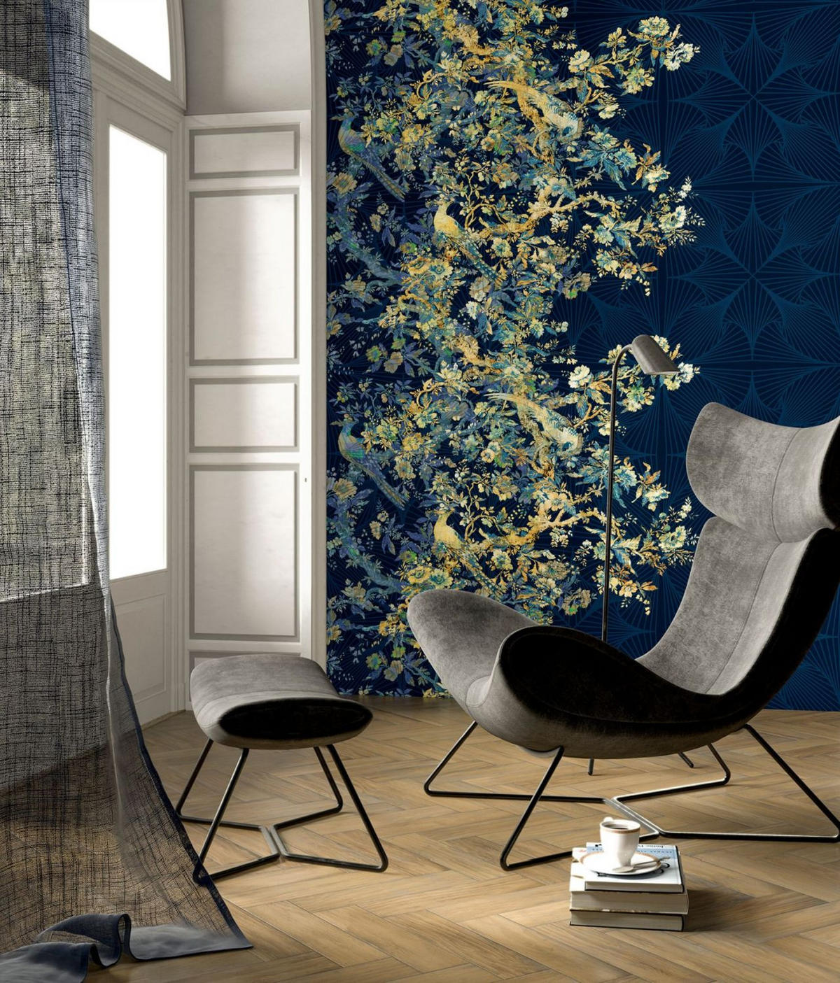 FOTOTAPETE Blumen und Vögel 200 x 280 cm - Blau, Papier (200/280cm) - Sanders & Sanders