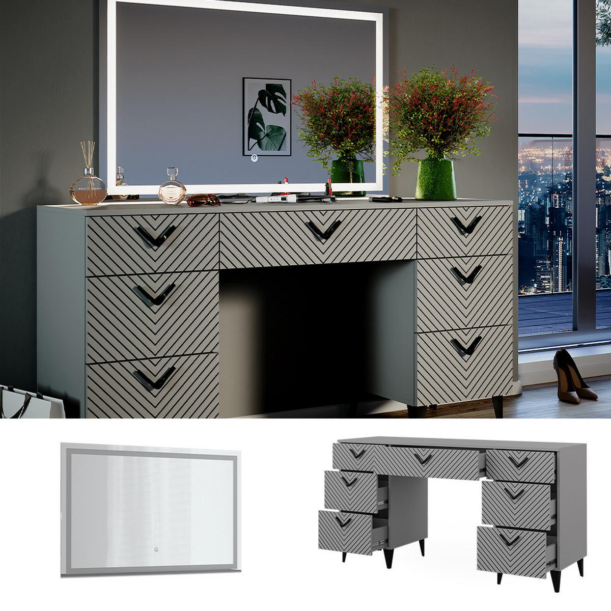 SCHMINKTISCH Anett Grau 150 cm mit LED-Spiegel - Grau, Holzwerkstoff (150/78.1/45cm) - Vicco