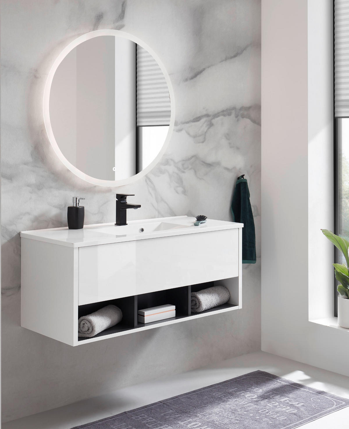 BADMÖBEL-SET weiß Hochglanz, grau, Kombination mit Waschbecken und LED Beleuchtung 100 cm - Weiß Hochglanz/Grau, Glas/Holzwerkstoff (100/190/47cm) - Furn.Design