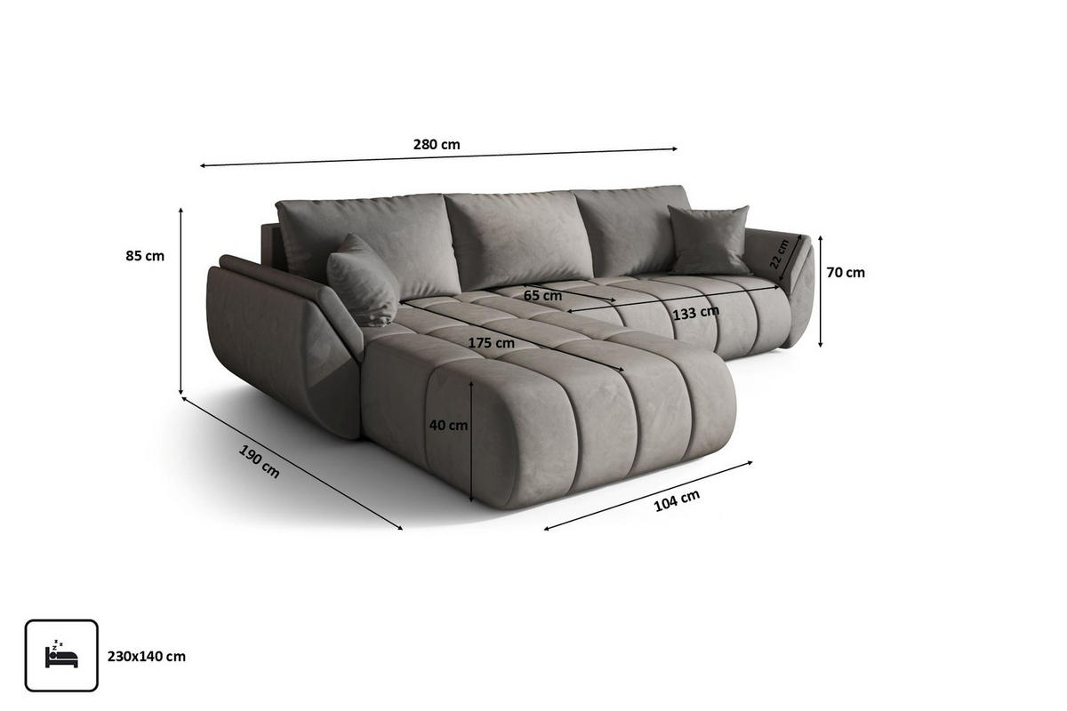 ECKSOFA TOKYO PREMIUM mit Schlaffunktion, Stoff MONOLITH, Hellgrau, Links - Hellgrau, Holz (280/190cm) - Kaiser Möbel
