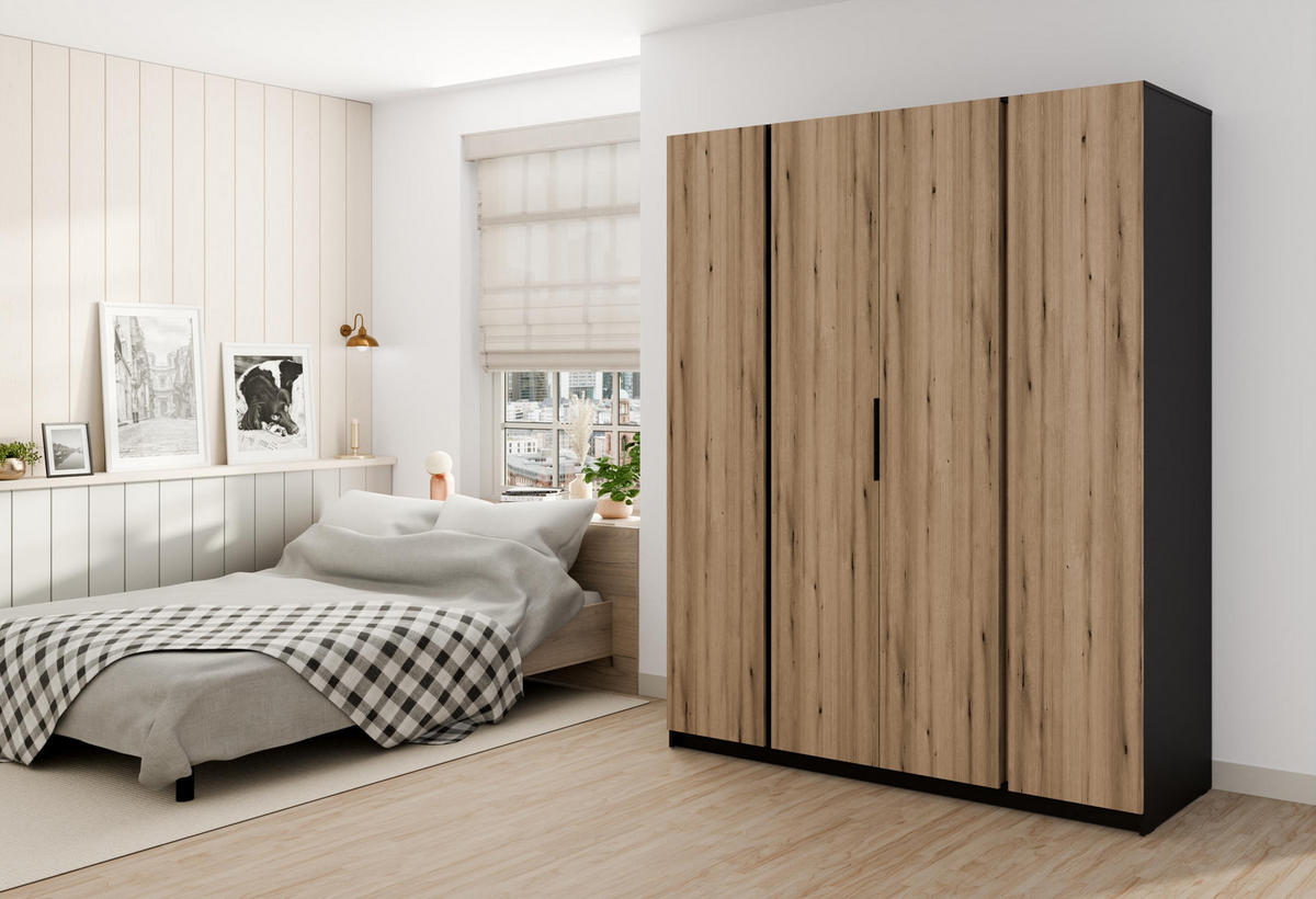 KLEIDERSCHRANK Nehir Schwarz/Eiche Evoke 200 cm - 4T Modern - Eichefarben/Schwarz, Holzwerkstoff/Kunststoff (200/239/61.9cm) - AX Living