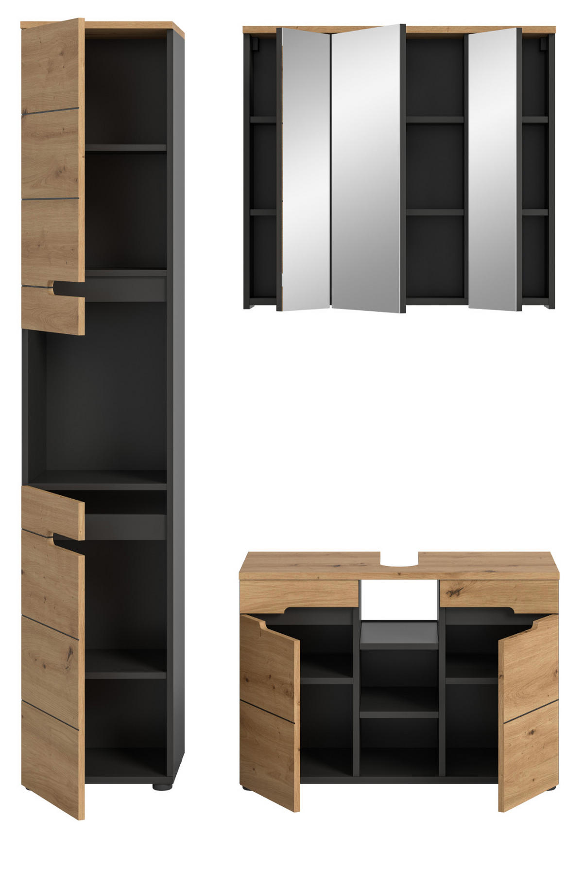 BADMÖBEL-SET Eiche, grau 3-teilig 133 cm, Komplettset mit Soft-Close - Schwarz/Eiche Artisan, Glas/Holzwerkstoff (133/193/34cm) - Inn.Furn