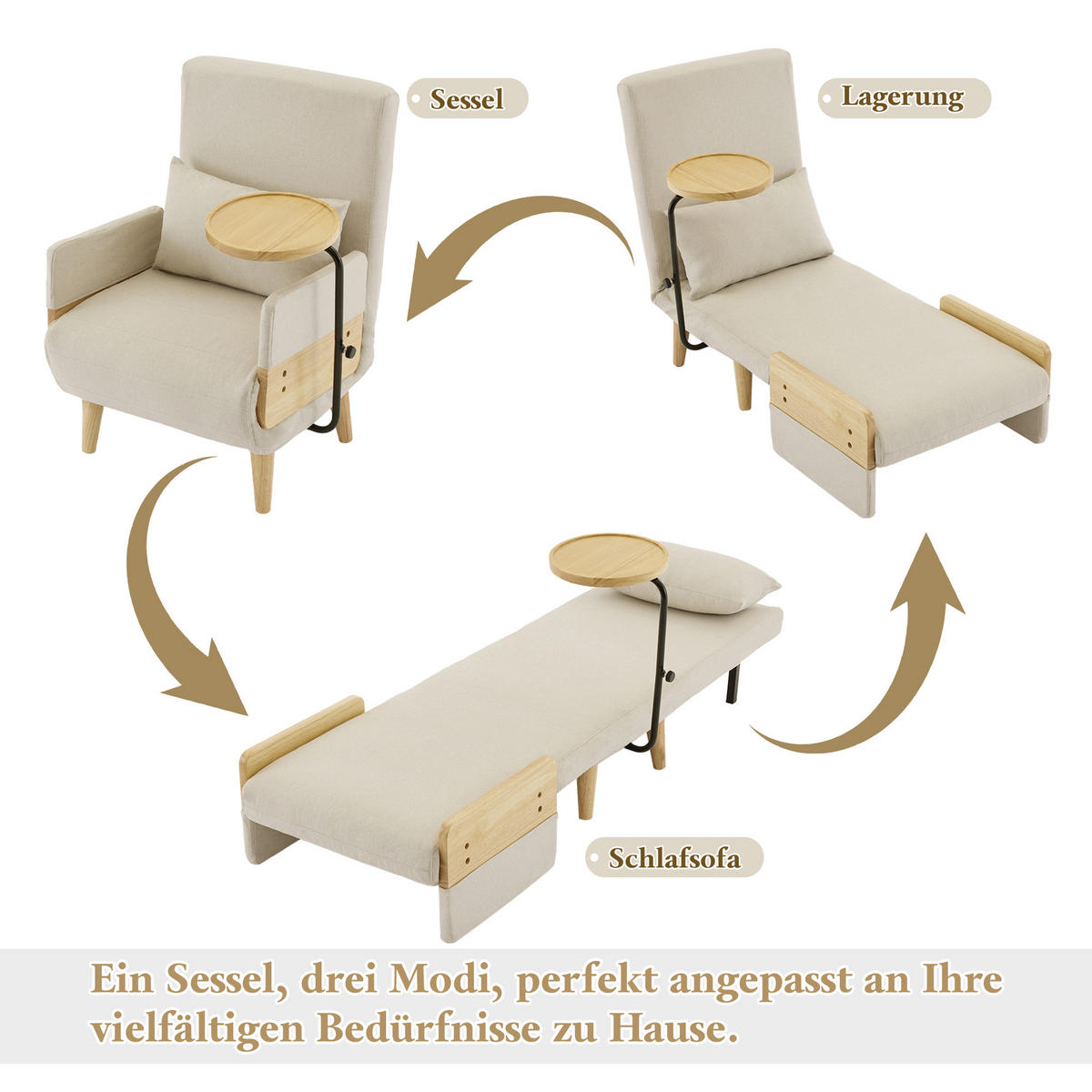 UMBAUSESSEL Leinen 3-in-1 mit 360 Grad Holztablett und verstellbarer Rückenlehne 88/74,5/66 cm Beige - Beige, Textil (88/74.5/66cm) - Redom