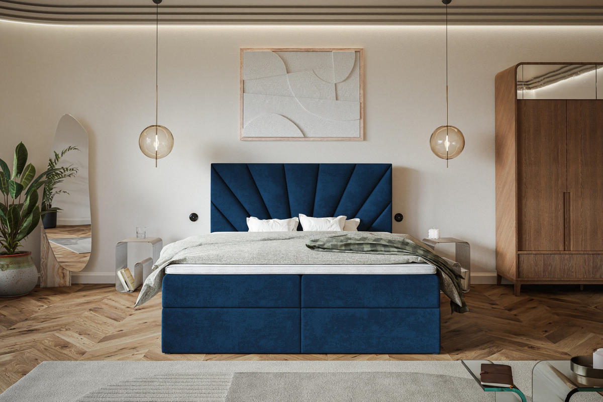 BOXBETT DENVER mit 2 Bettkästen, 140x200, Farbe: Dunkelblau, Velourstoff, Doppelbett mit Bonell-Matratze - Dunkelblau, Holz/Kunststoff (140/200cm) - Alpi-Möbel