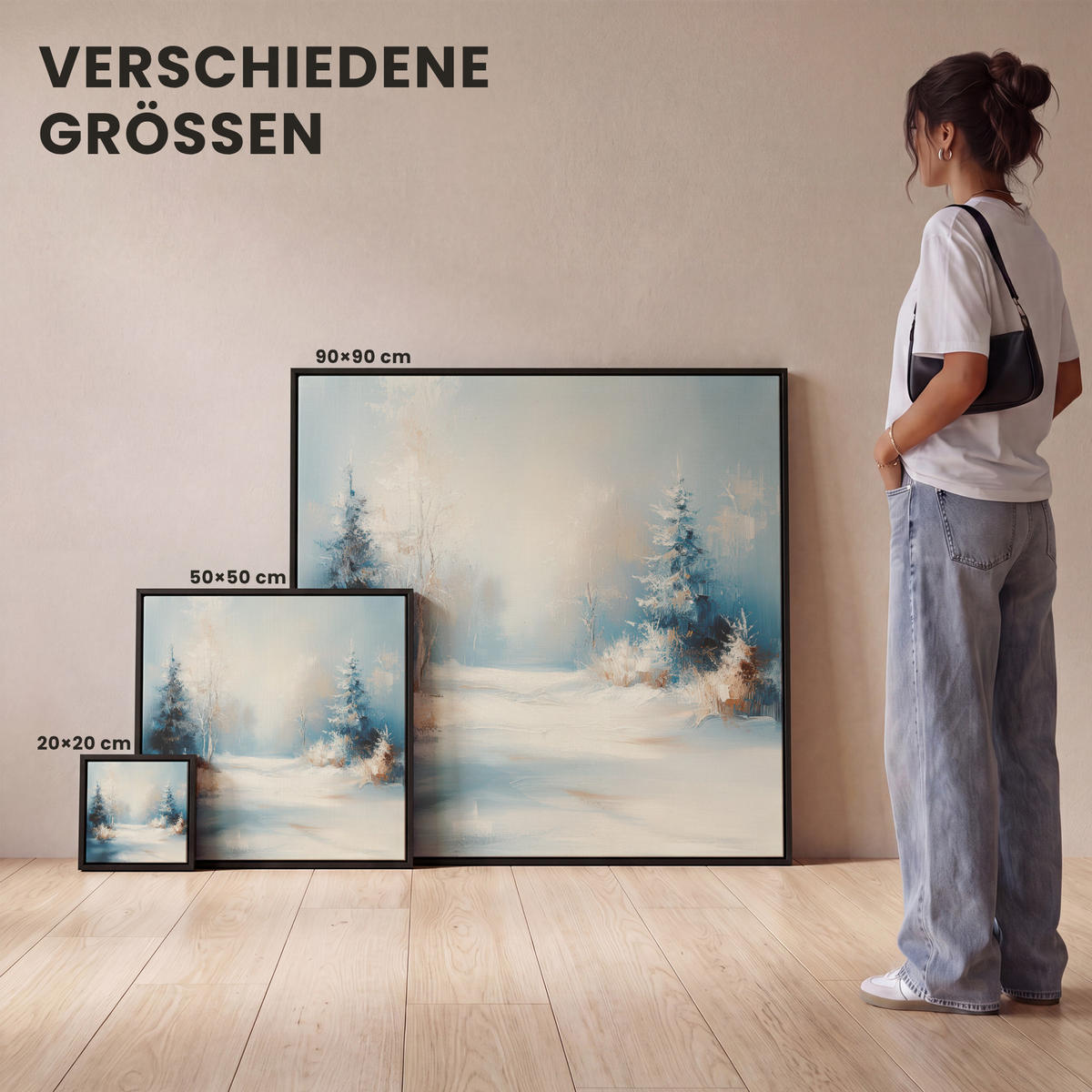 LEINWAND Bilder mit Rahmen - Wald – Winter – Natur – Abstrakt – Schnee - 20x20 - Weiß, Textil (20/20cm) - MuchoWow
