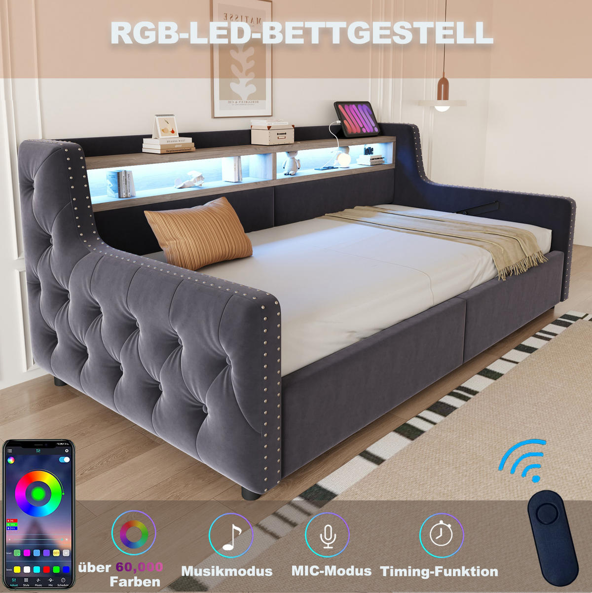 SCHLAFSOFA 90/200 cm dunkelgrau aus Samt mit Stauraum, LED und Ladeanschlüssen - Grau, Textil (90/200cm) - OKWISH