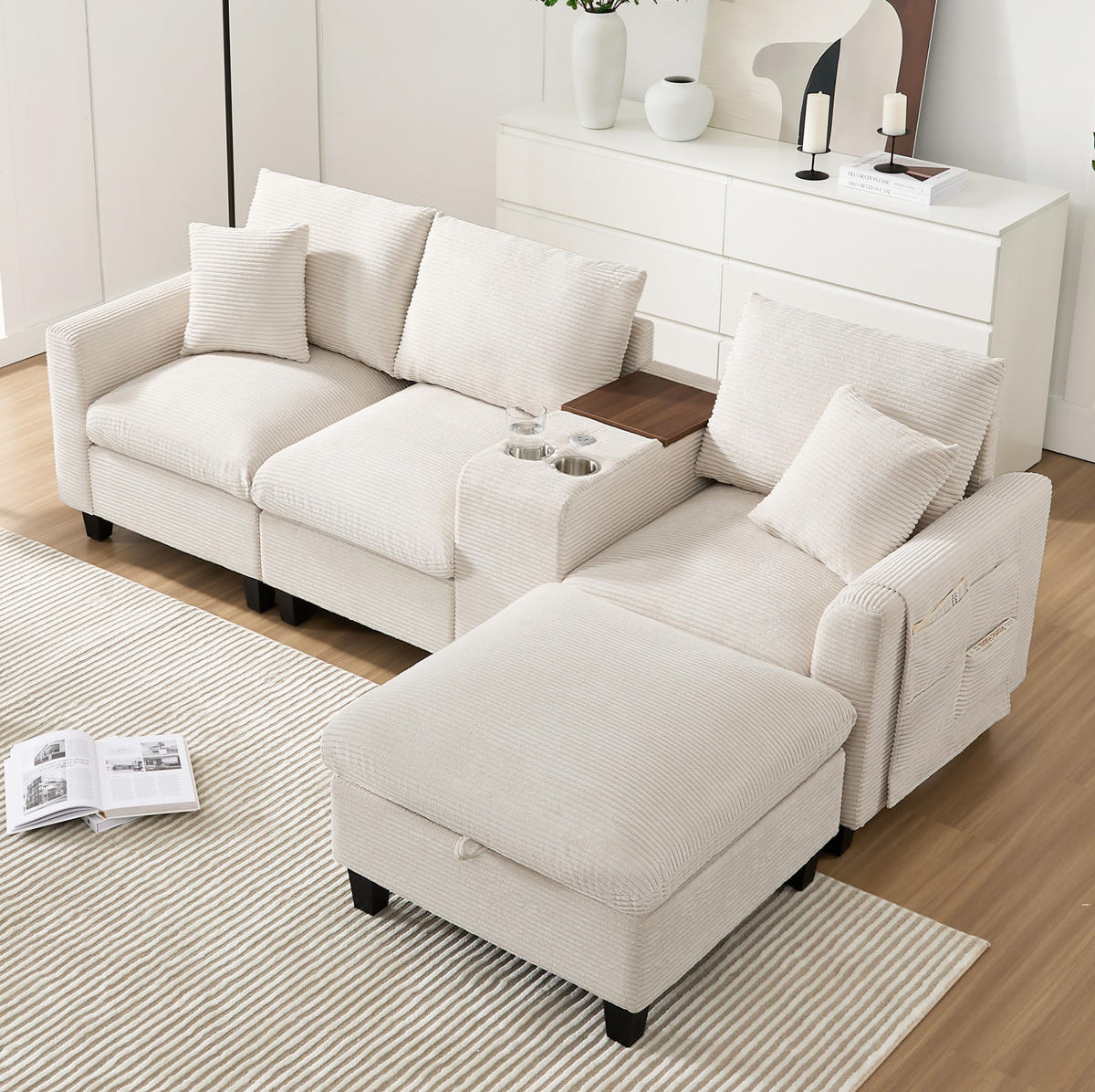 WOHNLANDSCHAFT aus Cordstoff 229x149,5x83 cm Beige mit USB-Anschlüssen, Becherhaltern, Konsole und Stauraumhocker - Beige, Textil (149.5/229cm) - Modfu