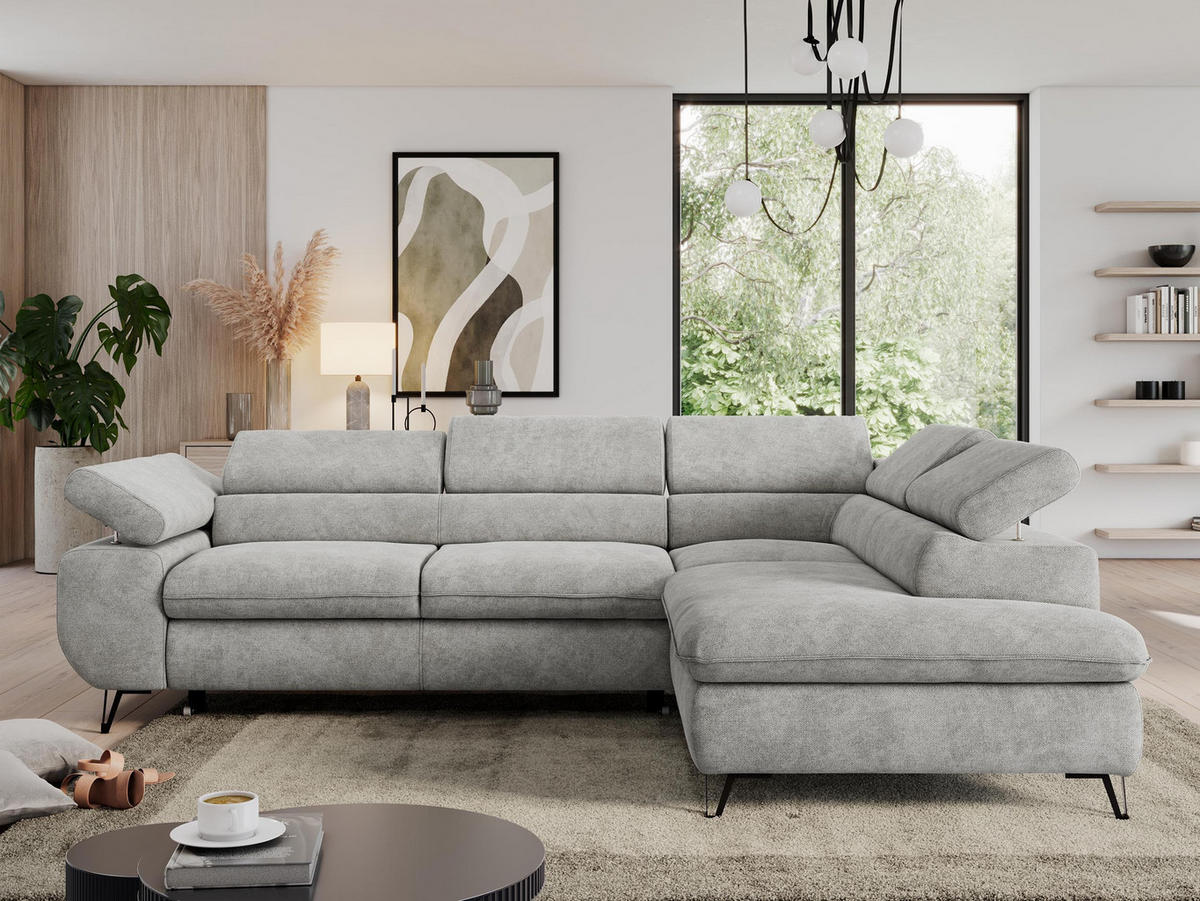 ECKSOFA PEDRO L Hellgrau Struktur - Rechts Seite - Hellgrau/Schwarz, Textil/Metall (273/208cm) - MKS