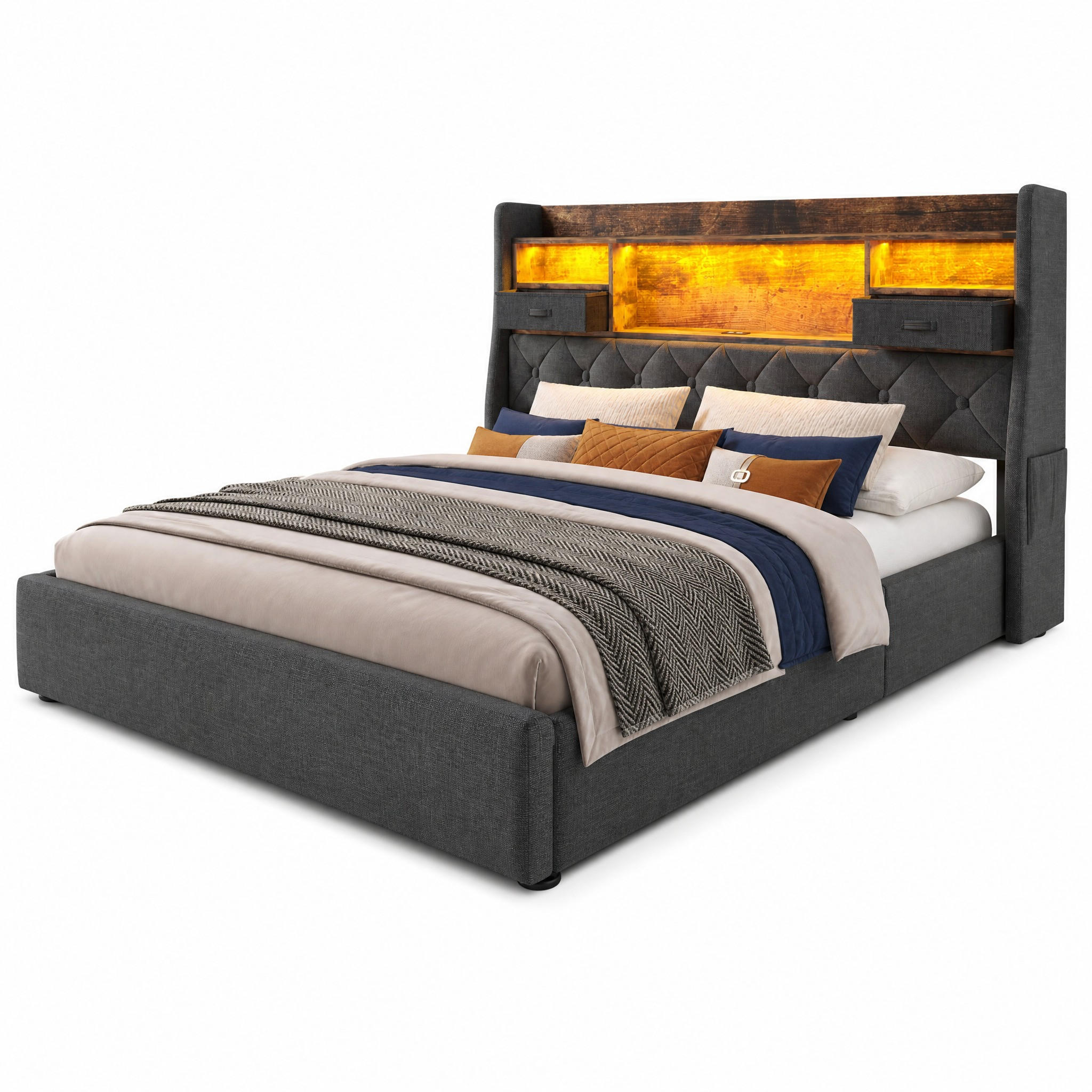 POLSTERBETT 180/200 cm in Grau mit Bettkasten, LED, USB und Type-C Leinen Retro-Design - Grau, Holzwerkstoff/Textil (180/200cm) - STILVORA