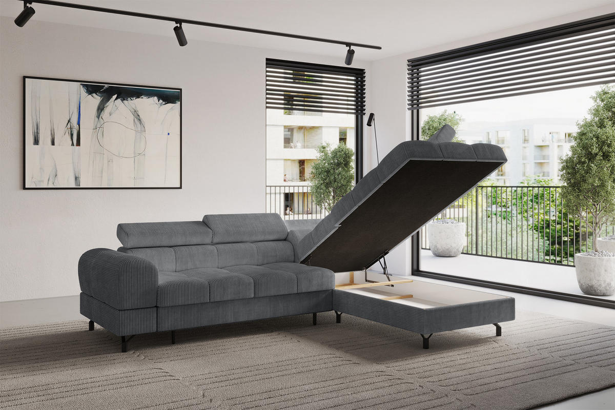 ECKSOFA mit Schlaffunktion Ottomane Rechts LUMA-L 272x203x70 Dunkelgrau Cord - Dunkelgrau/Schwarz, Holzwerkstoff/Kunststoff (203/272cm) - ALTDECOR