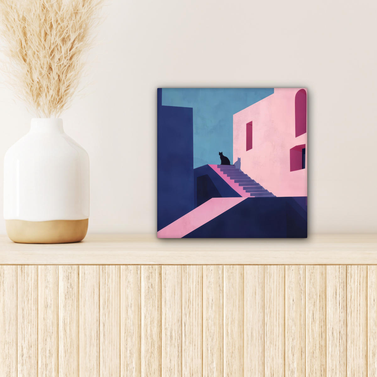 LEINWANDBILD Katze - Treppe - Gebäude - Schattenkontraste Deko Wohnzimmer 20x20 cm - Dunkelblau, Textil (20/20cm) - MuchoWow