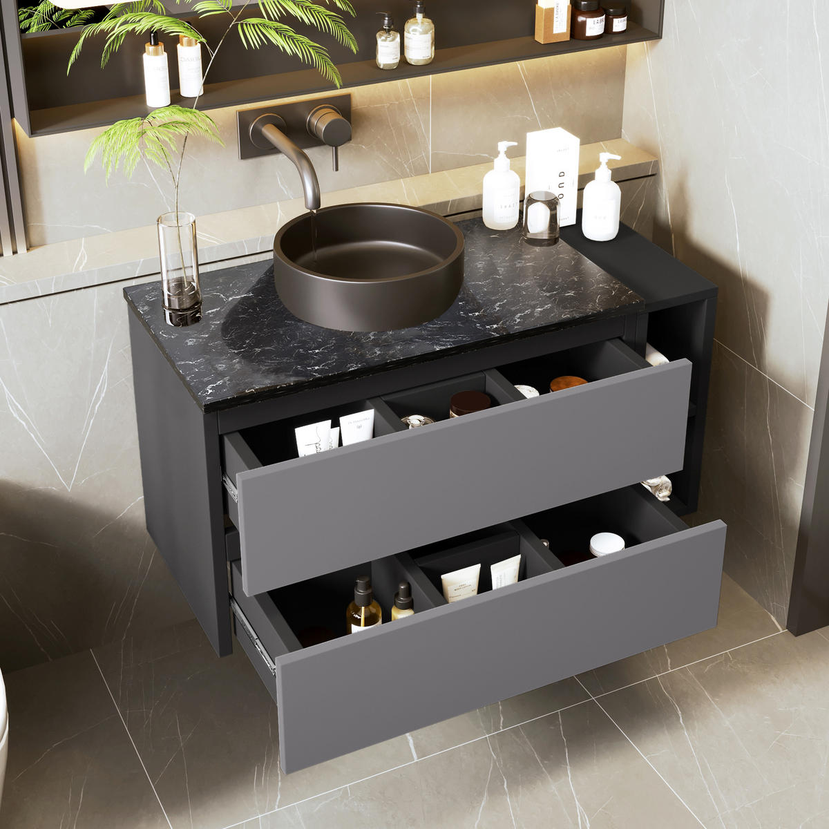 WASCHBECKENUNTERSCHRANK Badezimmer-Waschtisch Marmorplatte schwarzes Rundbecken Stauraum modern pflegeleicht - Grau, Keramik/Holzwerkstoff (80/48.5/44cm) - EVRYAE