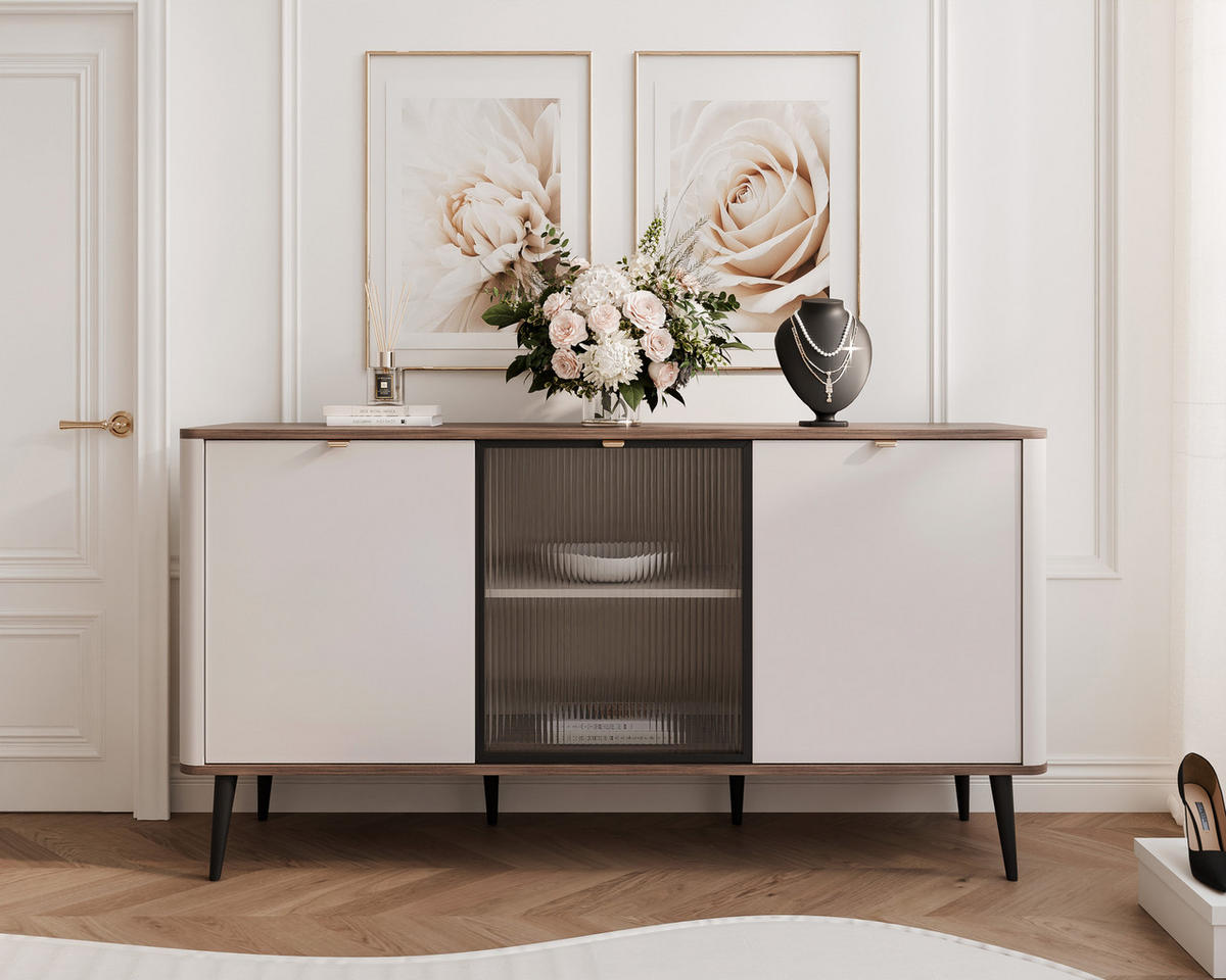 KOMMODE mit Vitrine NAVANI 160 cm Kaschmir Nuss - Kaschmir/Goldfarben, Holzwerkstoff/Metall (160/82/40cm) - Idohome