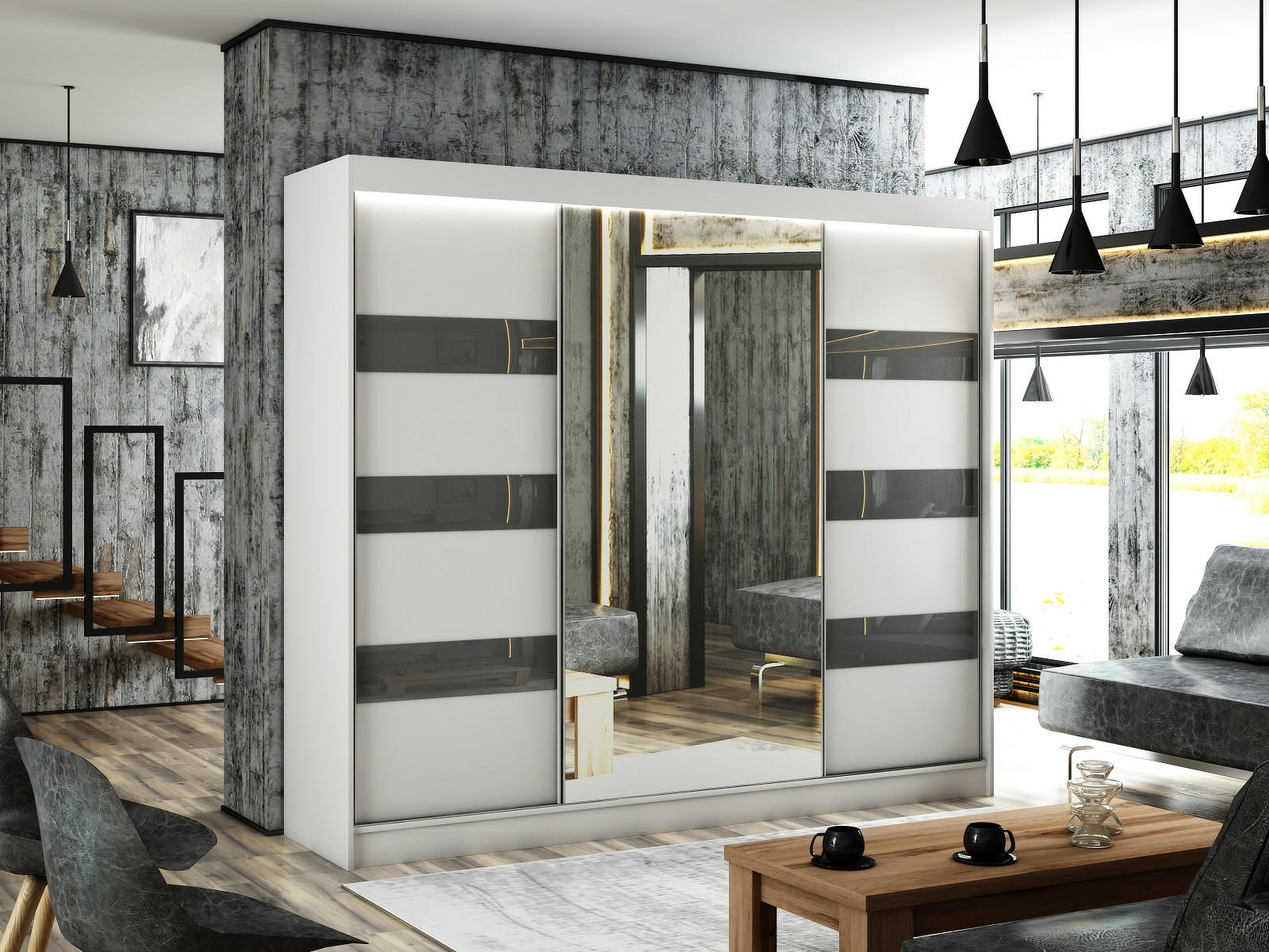 KLEIDERSCHRANK mit LED, Spiegel und Schiebetüre LOSTE - 250 cm Weiß|Grau - Weiß/Grau, Holzwerkstoff (250/215/61cm) - ALTDECOR