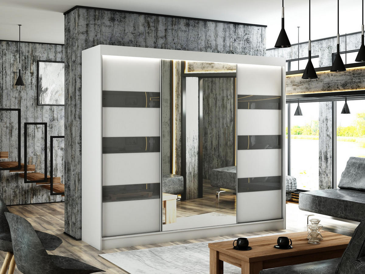 KLEIDERSCHRANK mit Spiegel und Schiebetüren LOSTE - 250 cm Weiß|Grau - Weiß/Grau, Holzwerkstoff (250/215/61cm) - ALTDECOR