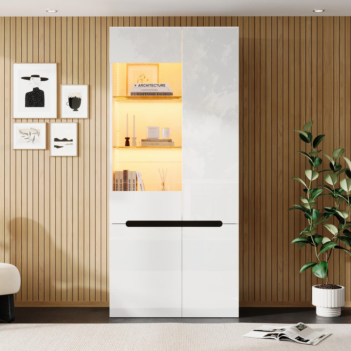VITRINE 80x35x180 cm Weiß mit LED und 4 Glastüren - Weiß, Holzwerkstoff (80/180/35cm) - FLIEKS