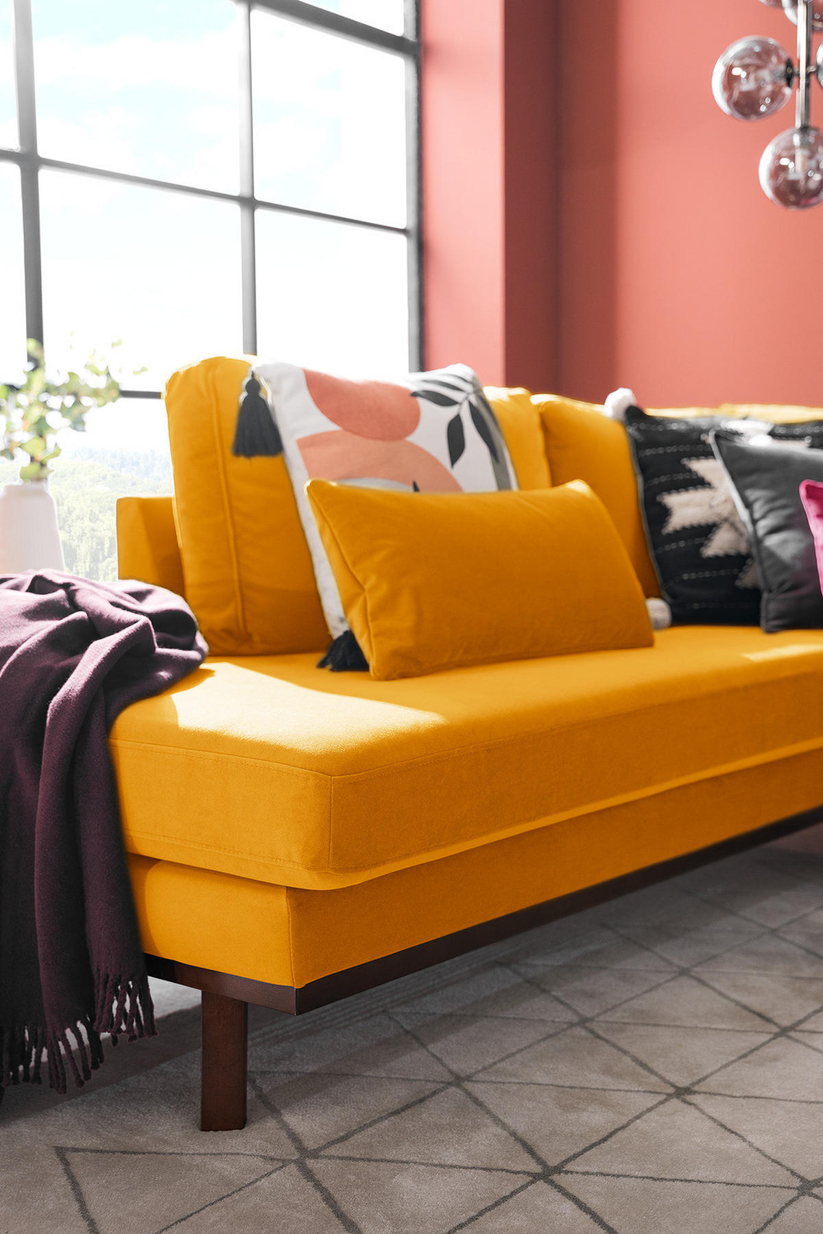 ECKSOFA mit Ottomane - Gelb/Buchefarben, Buchenholz/Textil (287/219cm) - home24